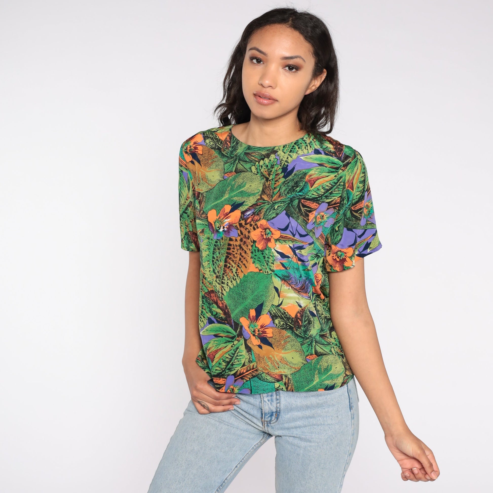 90s Tropical Floral Jungle Print Short Sleeve Shirt Green Small
