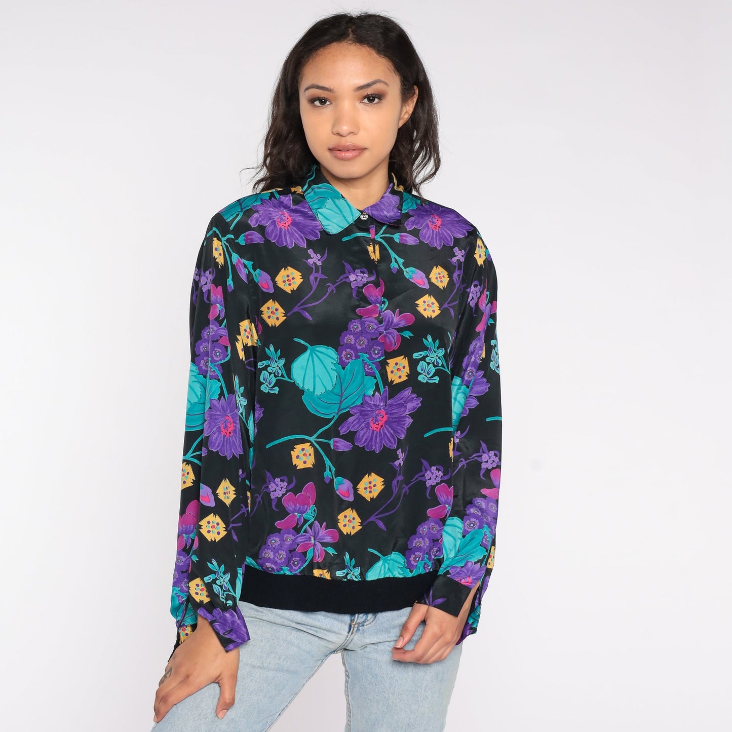 90s Floral Blouse Long Sleeve Collared Shirt Purple Print Banded Hem Large L