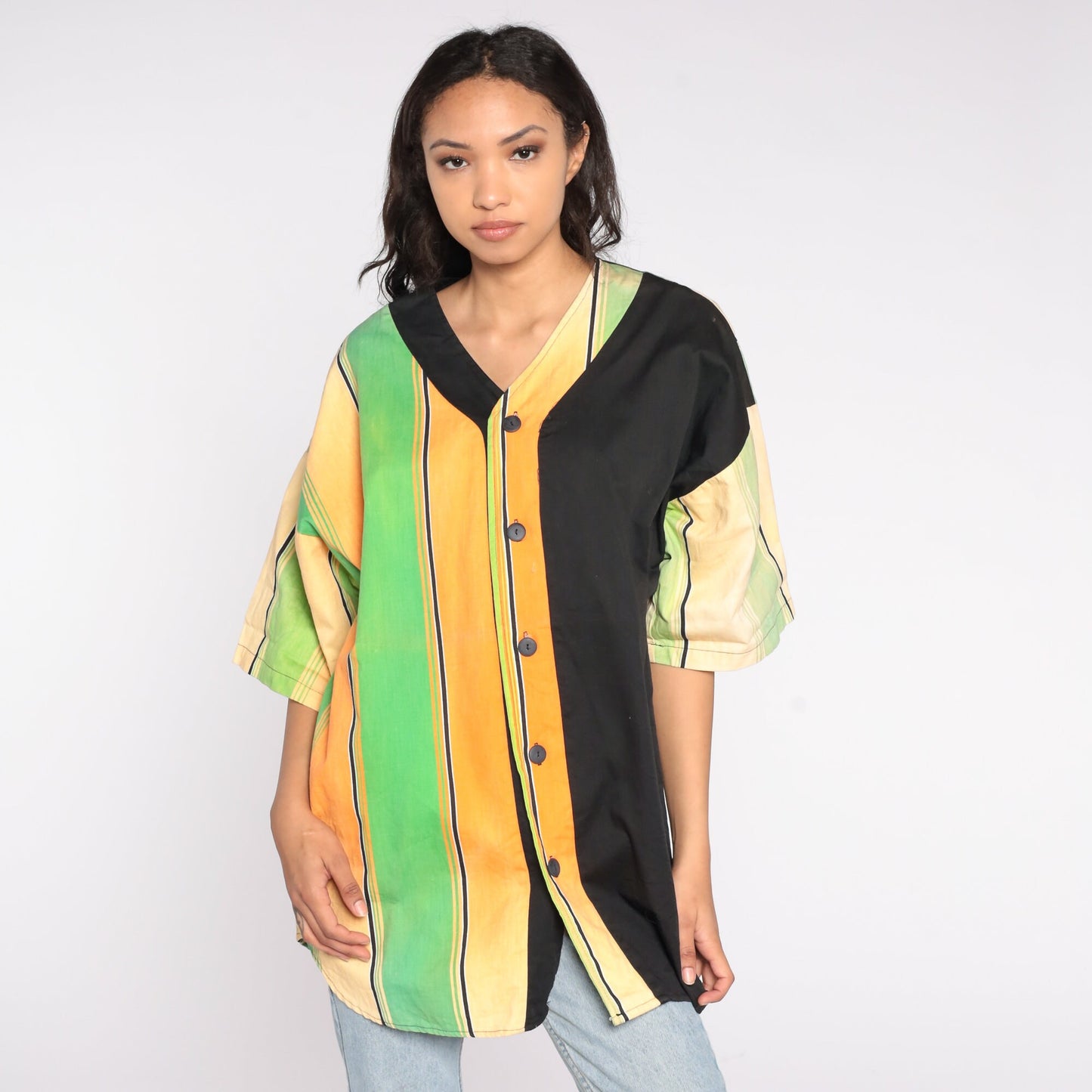90s Neon Green Orange Striped Baseball Jersey Cotton Button Up Large