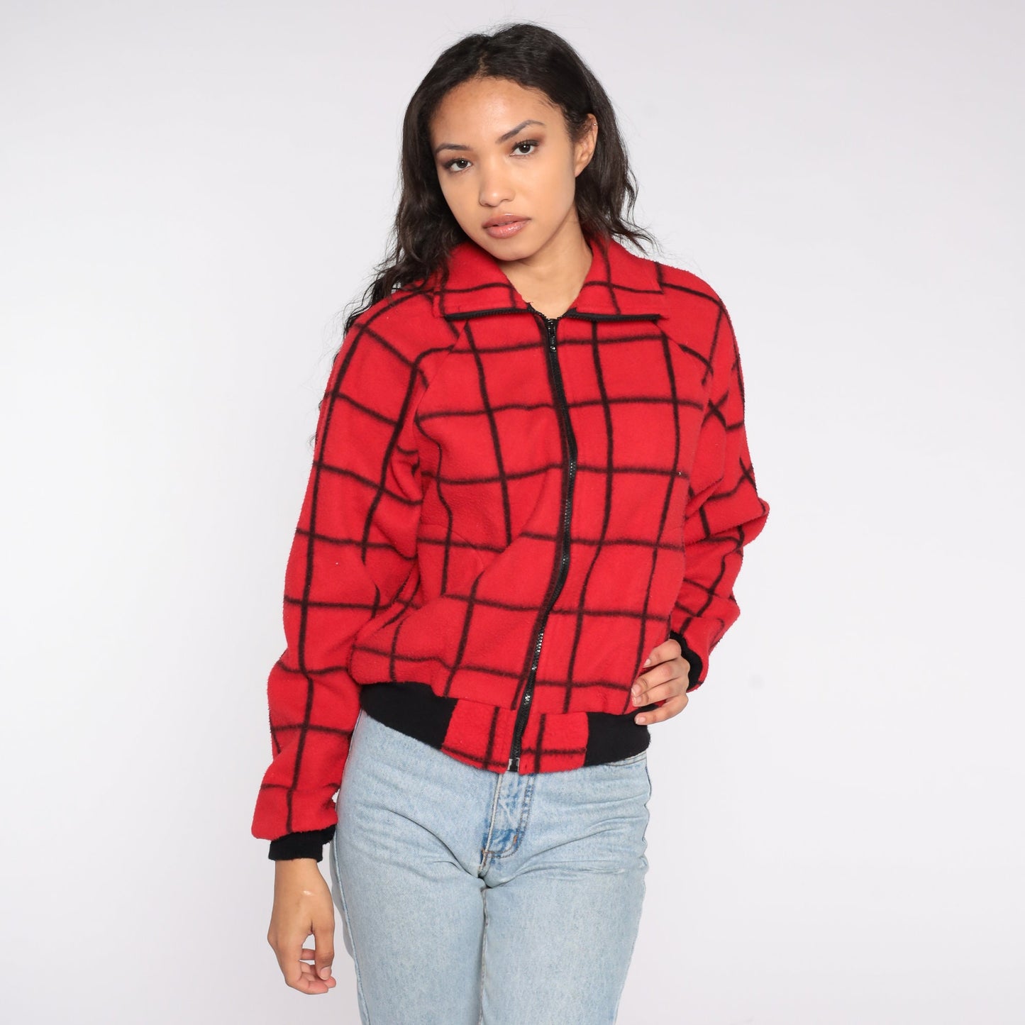 80s Red Plaid Polar Fleece Zip-Up Jacket Checkered Small