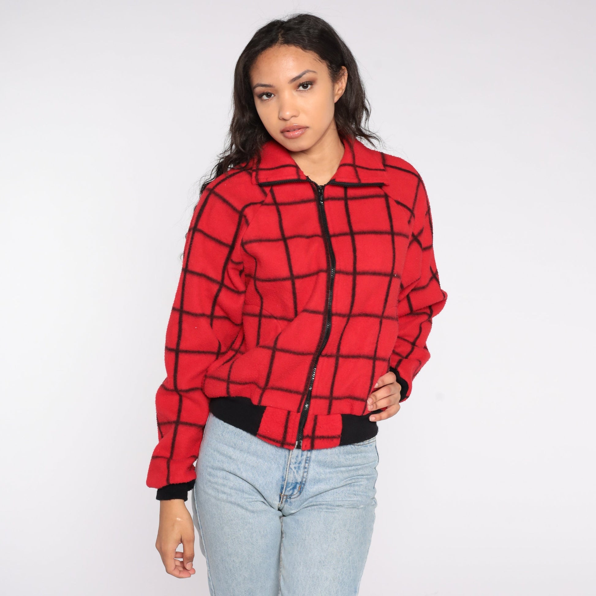 80s Red Plaid Polar Fleece Zip-Up Jacket Checkered Small