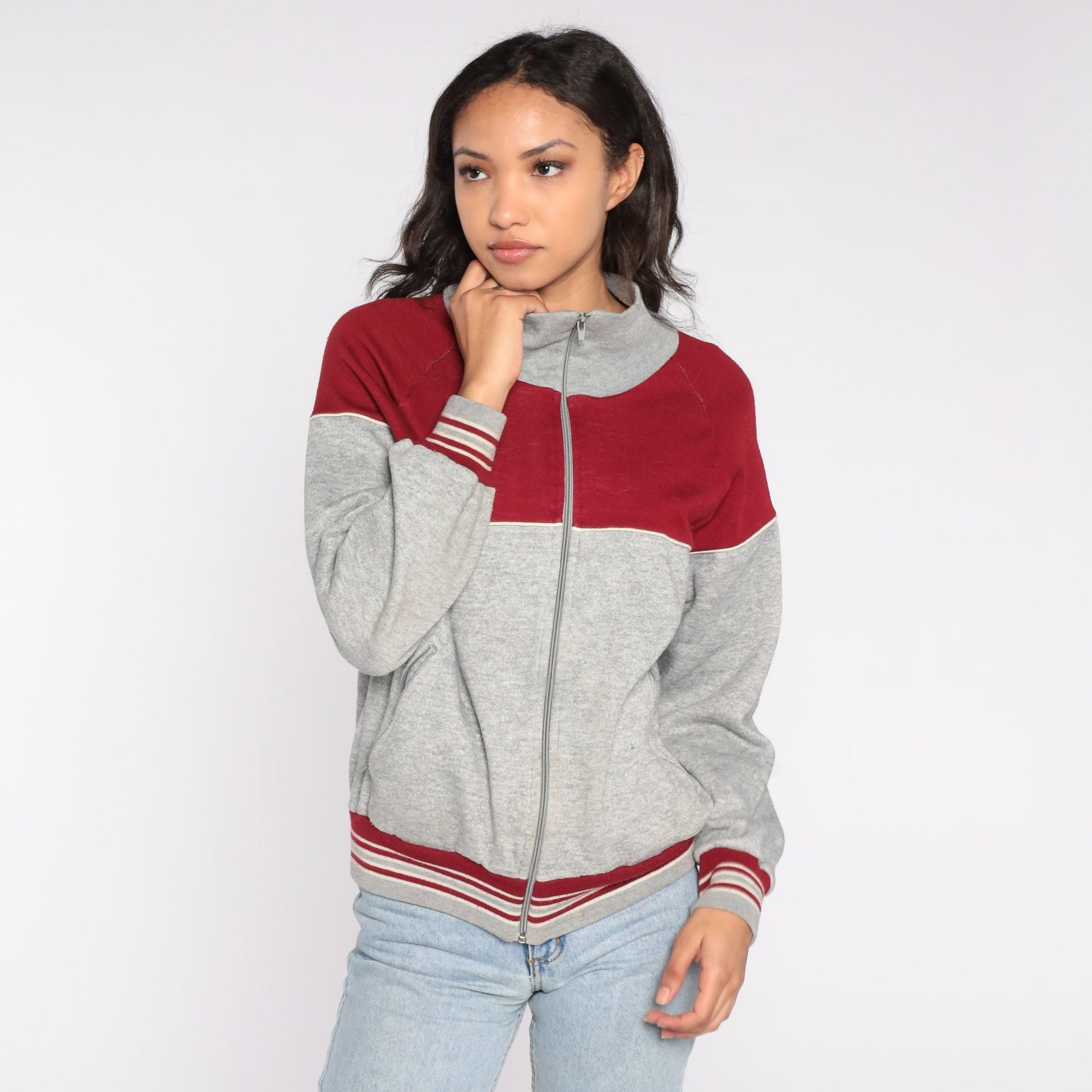 80s Track Jacket Red Grey Color Block Zip Up Medium