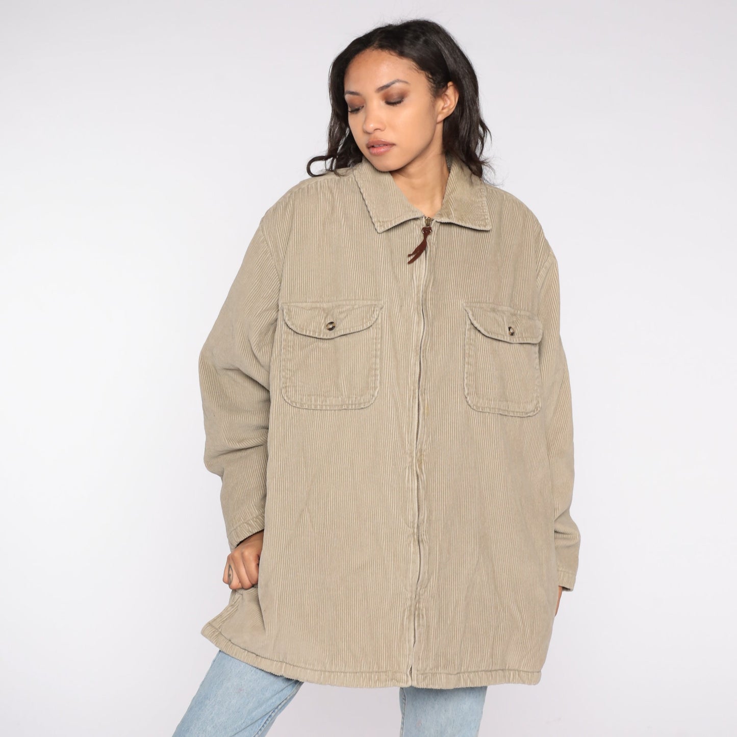 Y2K Tan Corduroy Zip Jacket Fleece Lined Extra Large XL