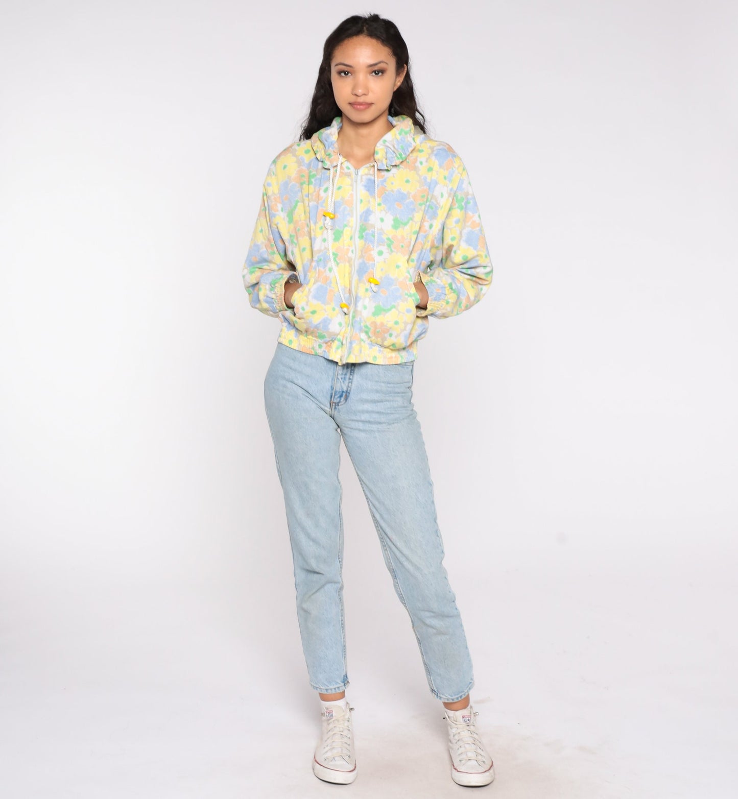 80s Floral Hooded Windbreaker Pastel Zip-Up Jacket Medium