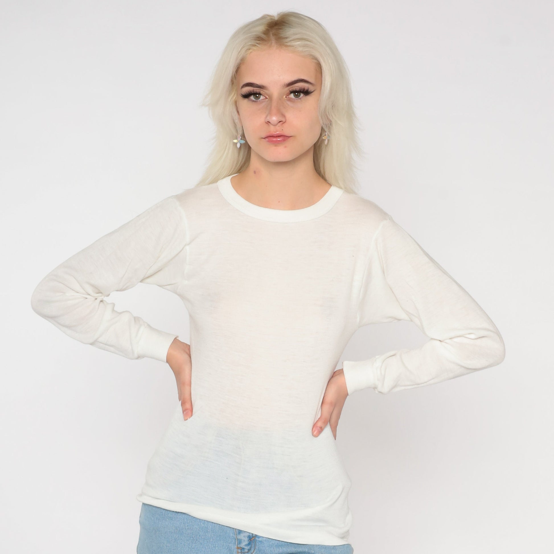 80s White Thermal Long Sleeve Crewneck Shirt Semi Sheer Medium