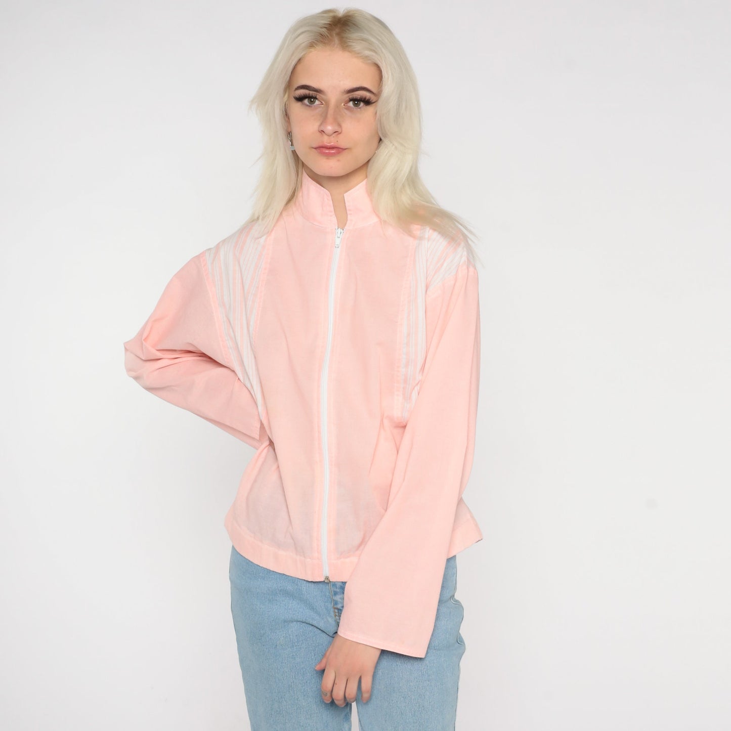 80s Baby Pink Windbreaker Jacket Striped Shoulder Zip-Up Small