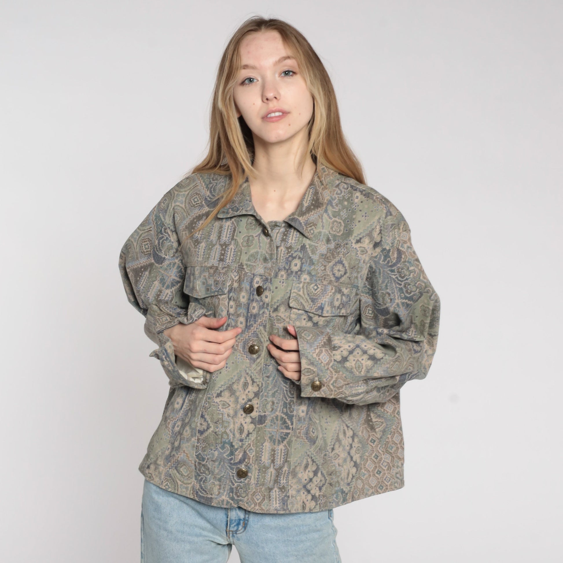 90s Geometric Cargo Jacket Cotton Button Up Taupe Blue Extra Large XL