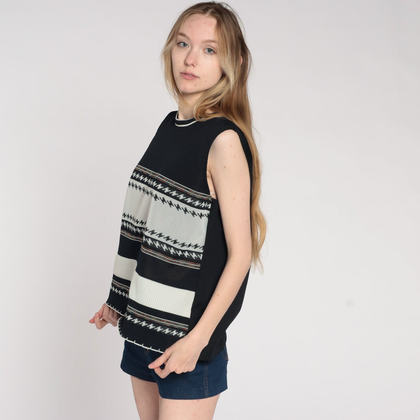 70s Black Off-White Striped Tank Top Sleeveless Blouse Large L