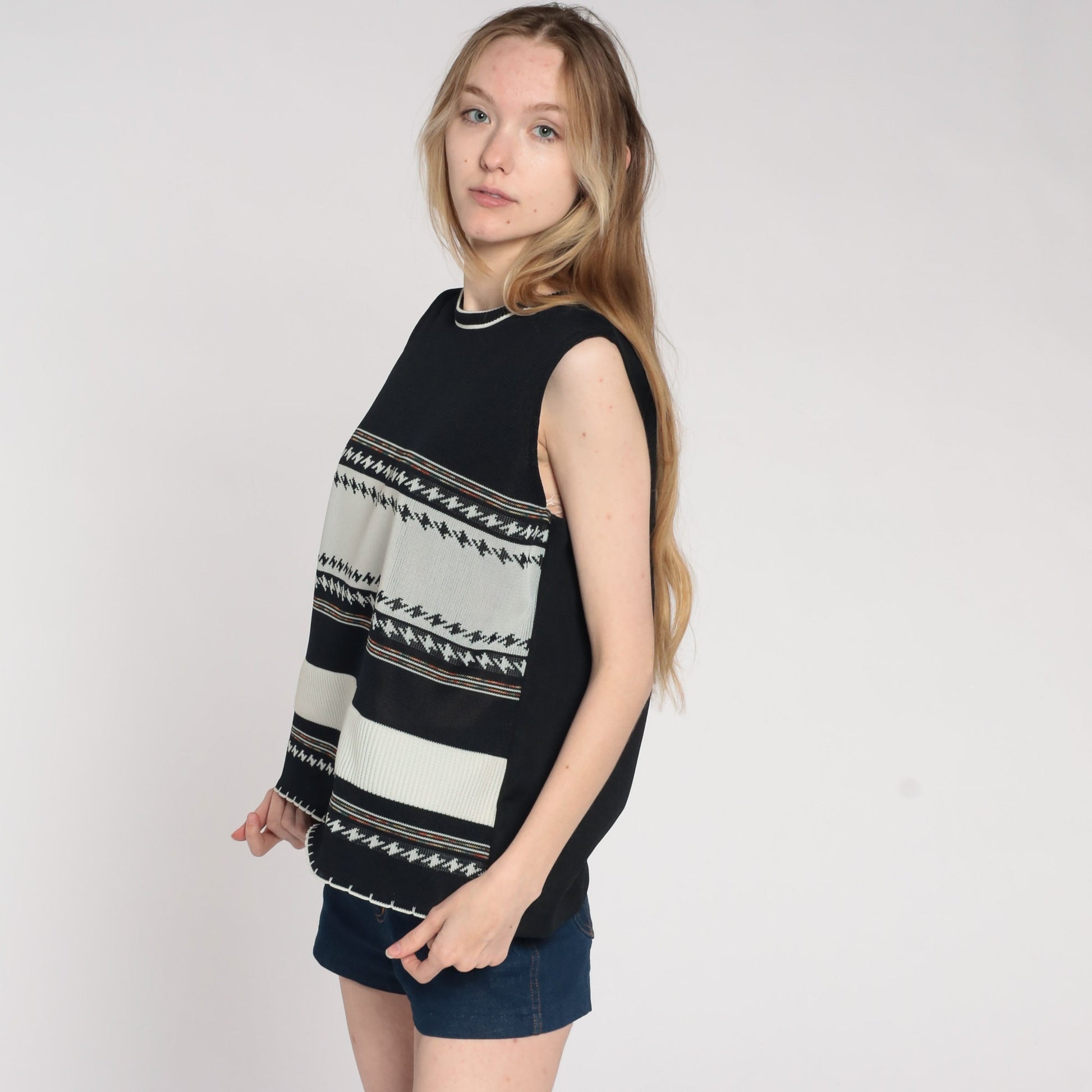 70s Black Off-White Striped Tank Top Sleeveless Blouse Large L