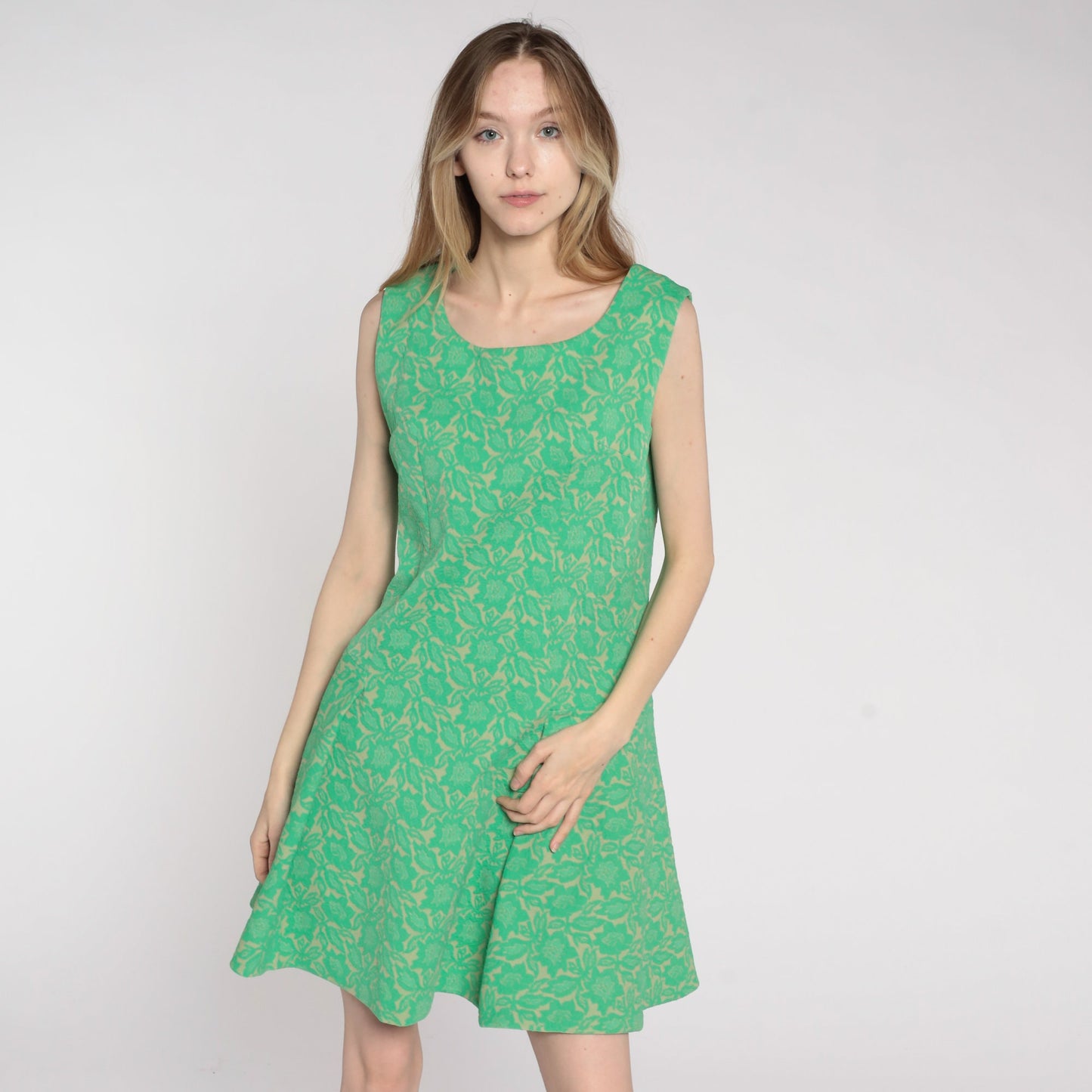 60s Floral Mini Dress Green Drop Waist Pleated Sleeveless Mod Medium Large
