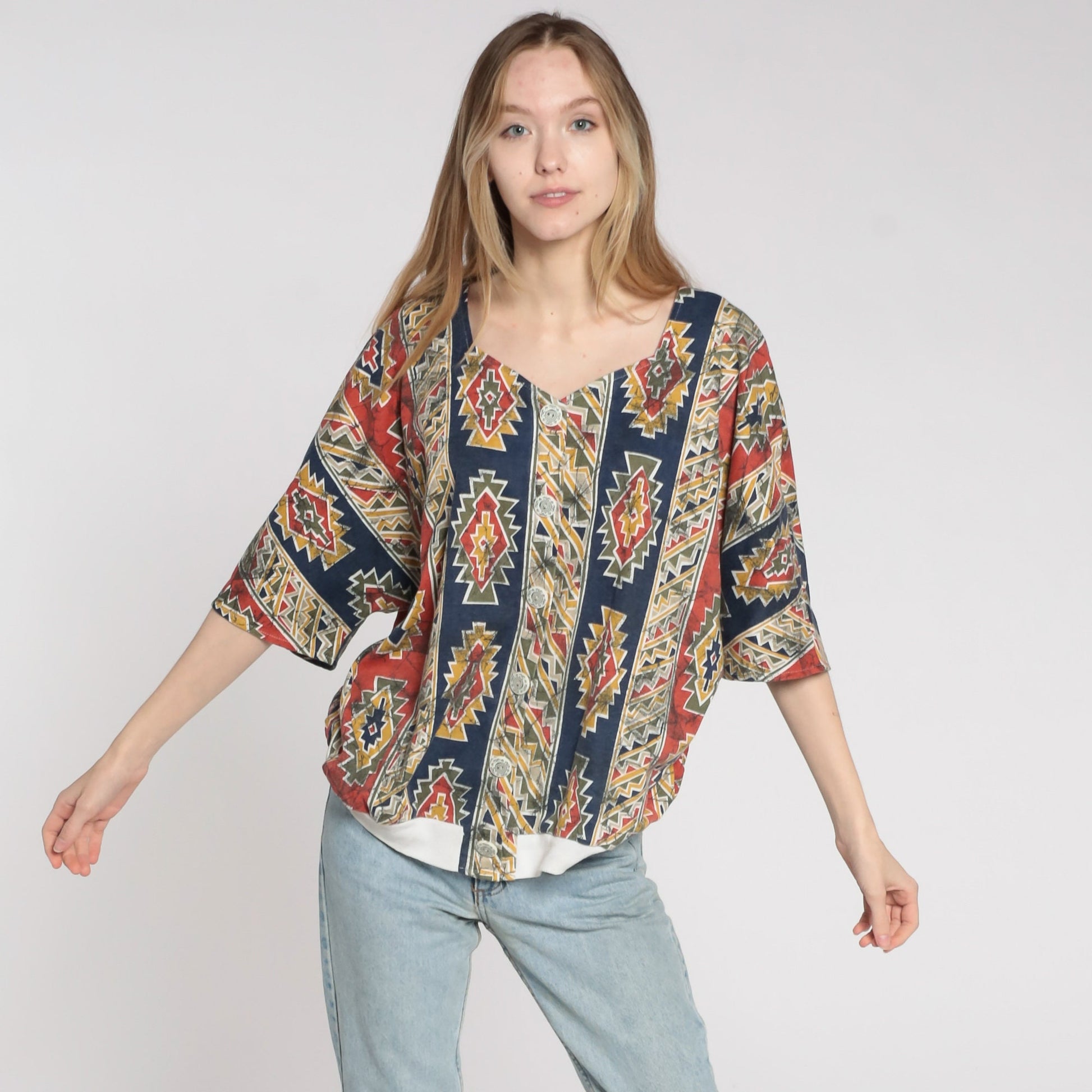 90s Southwestern Aztec Print Button Up Blouse Blue Red Striped Plus Size XXL
