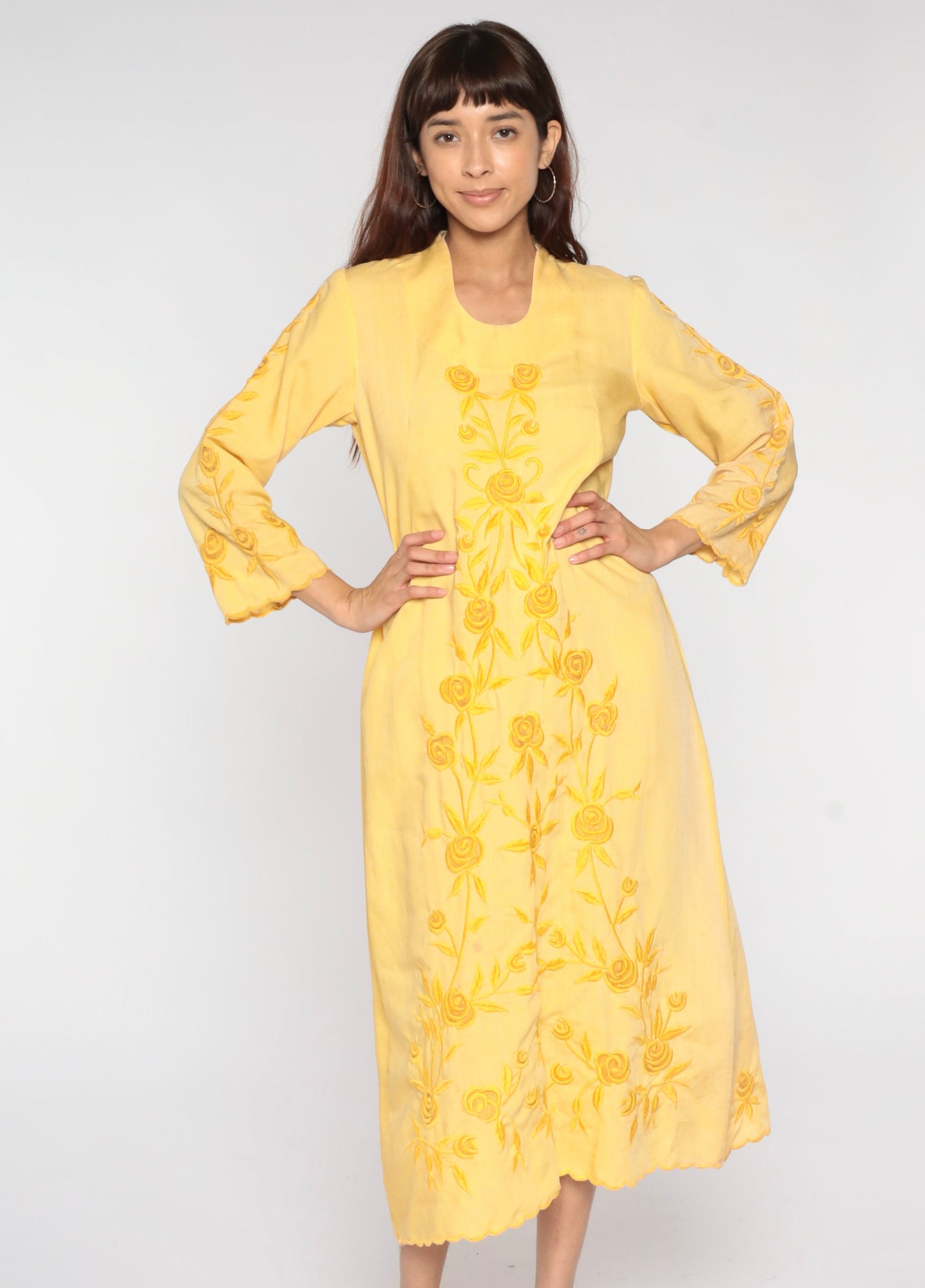 70s Yellow Floral Embroidered Midi Dress Long Sleeve Shift Small Medium