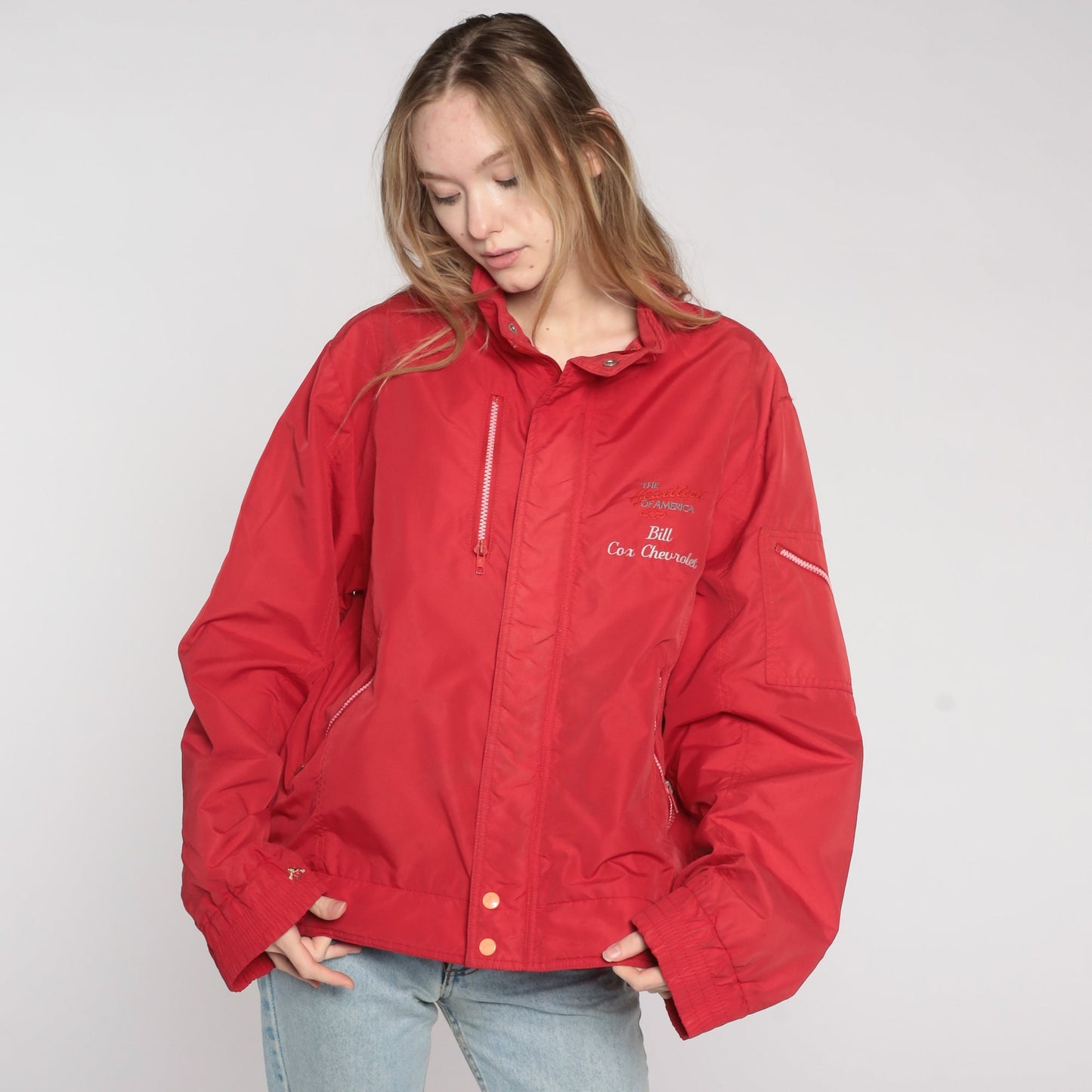 80s Cox Chevrolet Nylon Jacket Bill Embroidered Red Windbreaker Men's Large