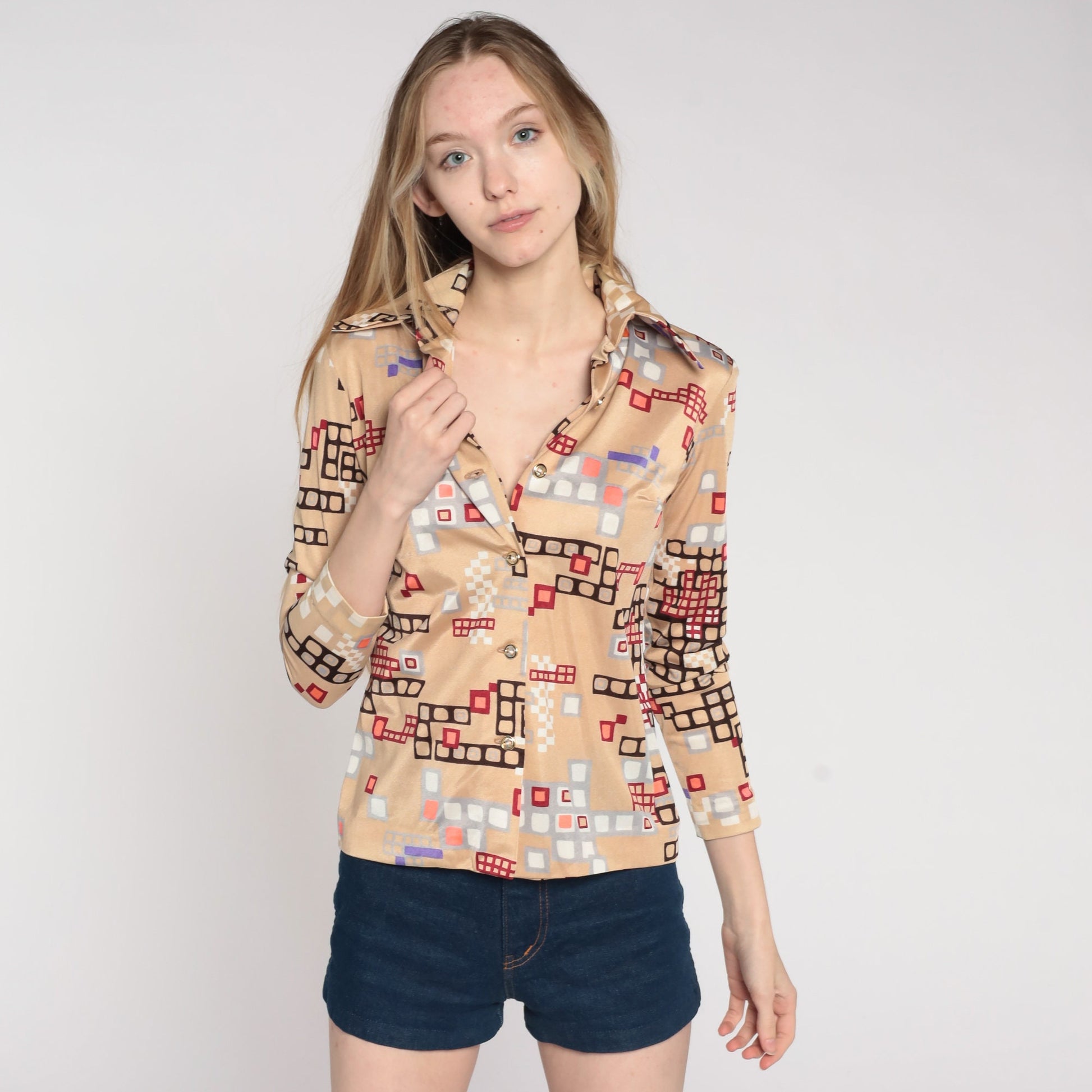 70s Psychedelic Geometric Print Button-Up Blouse Beige Long Sleeve Extra Small