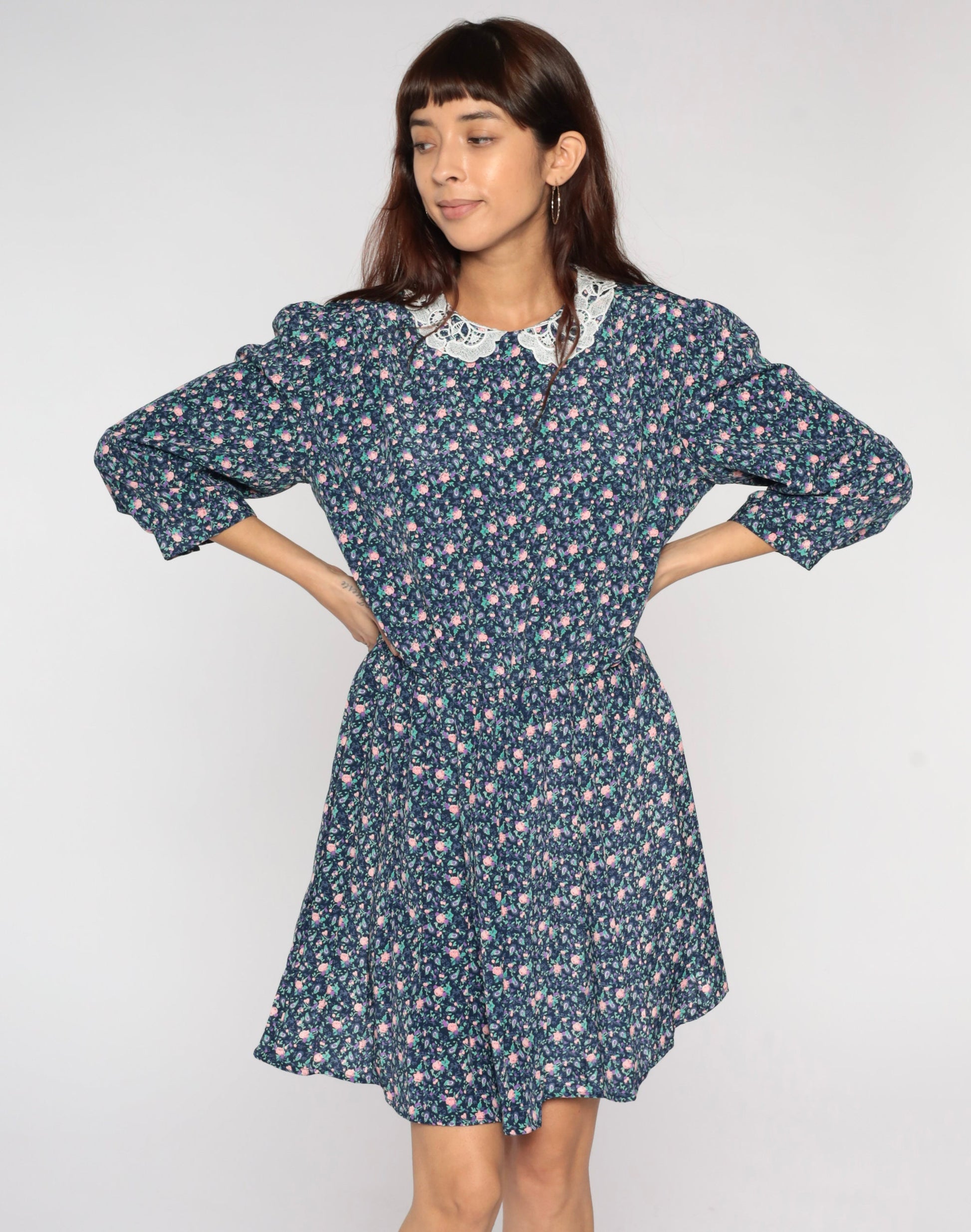 80s Blue Floral Mini Dress Lace Collar 3/4 Sleeve Plus Size XL