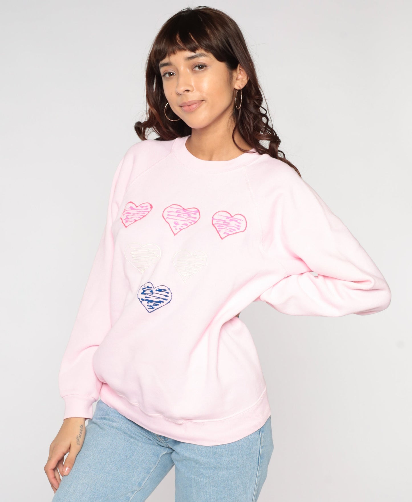 80s Hand Painted Heart Sweatshirt Baby Pink Raglan Graphic Large L