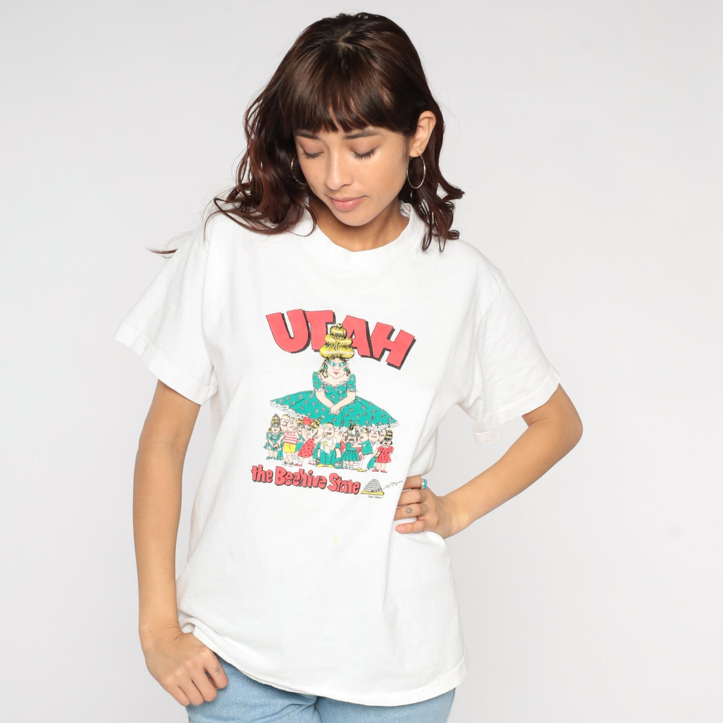 90s Utah Beehive State Graphic T-Shirt Single Stitch Cartoon Print Medium