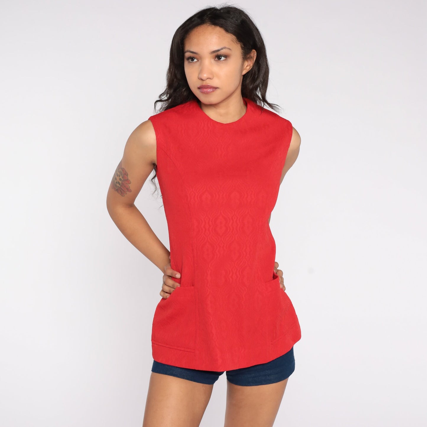 70s Red Geometric Embossed Tank Top Pocket Sleeveless Blouse Small