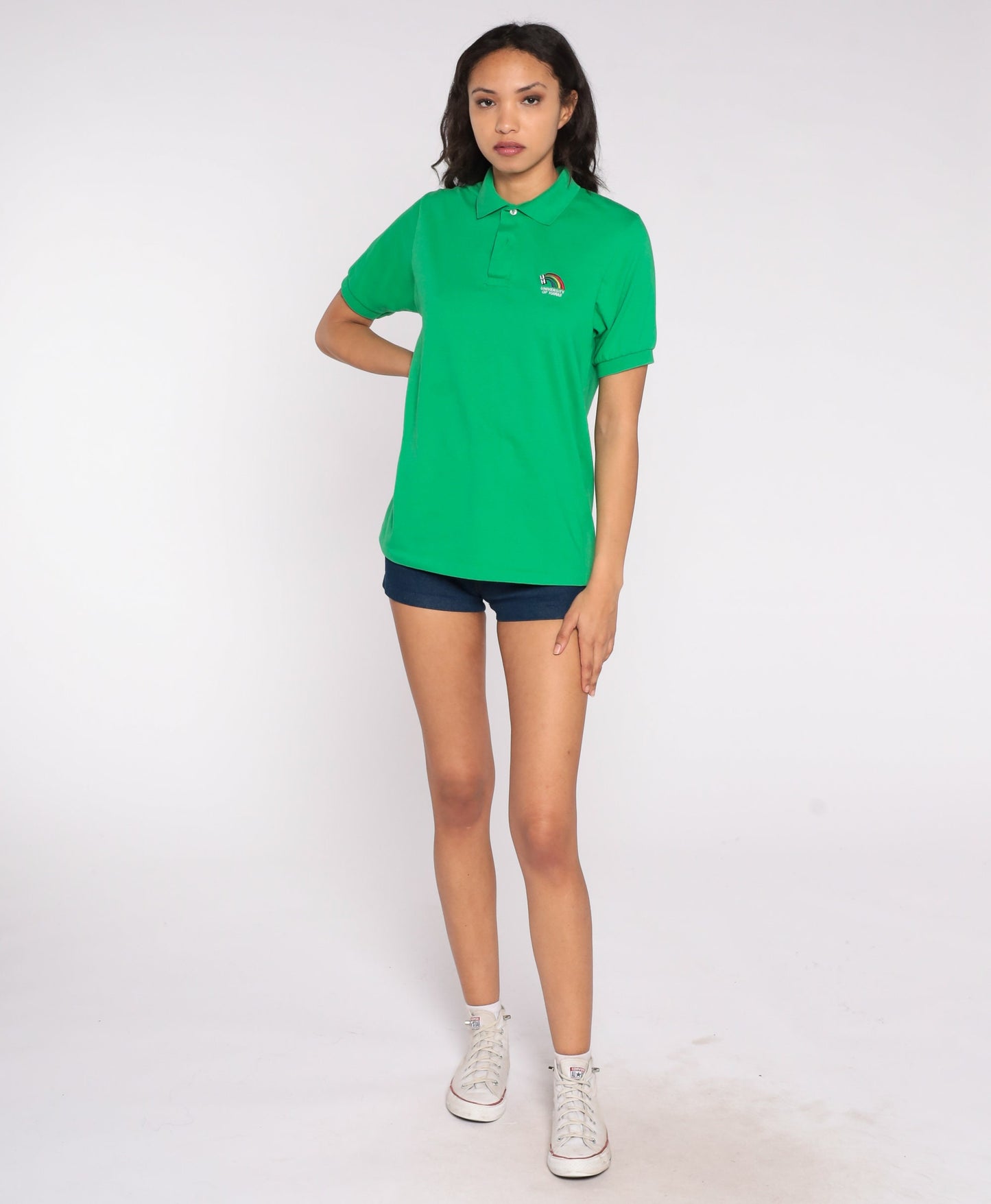 80s University of Hawaii Polo Shirt Green Rainbow Logo Half Button Medium