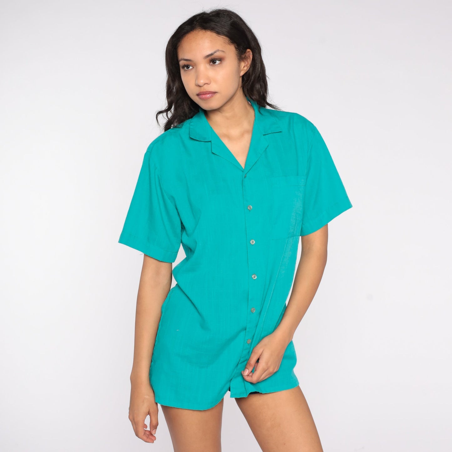80s Turquoise Button-Up Shirt Short Sleeve Plain Top Medium Large