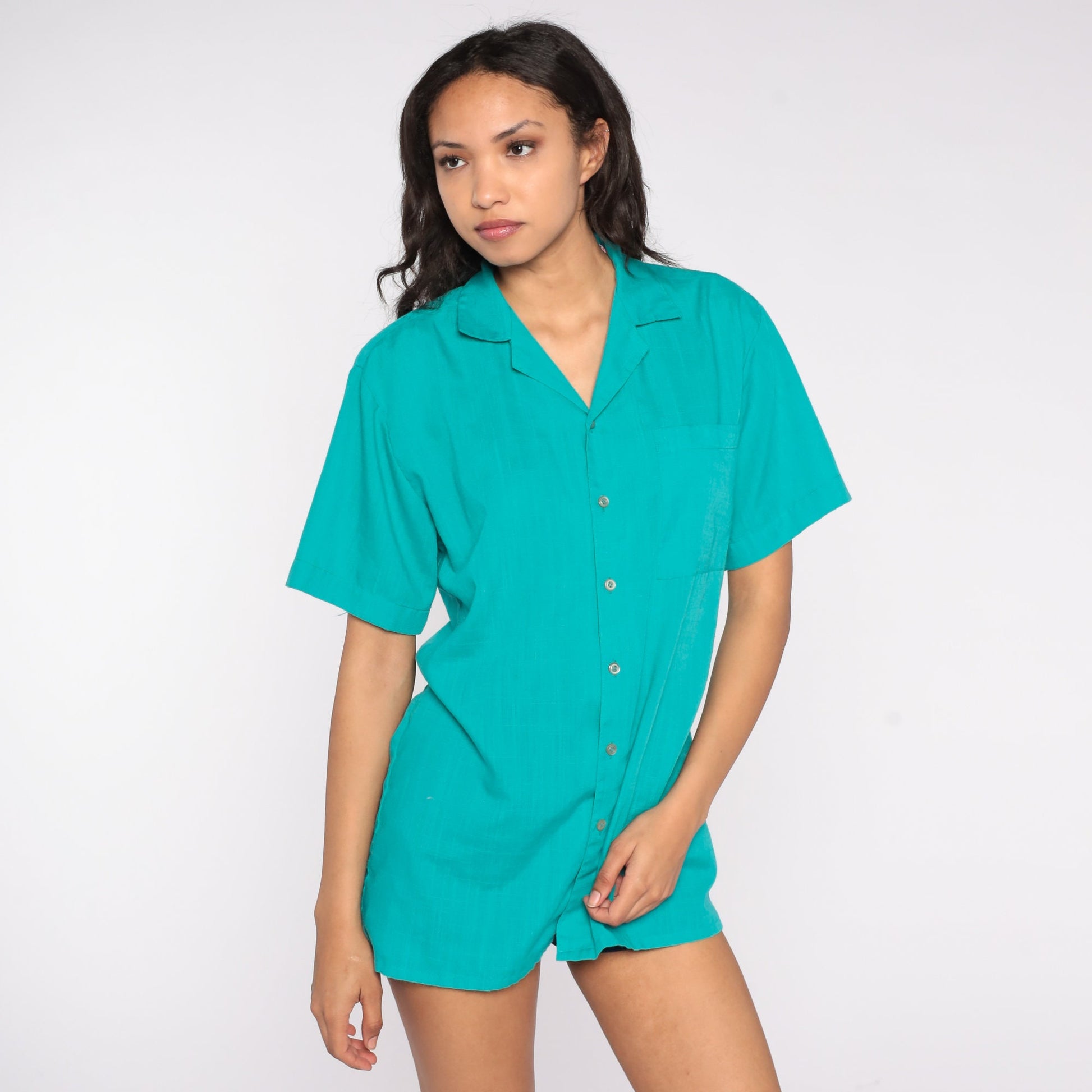 80s Turquoise Button-Up Shirt Short Sleeve Plain Top Medium Large
