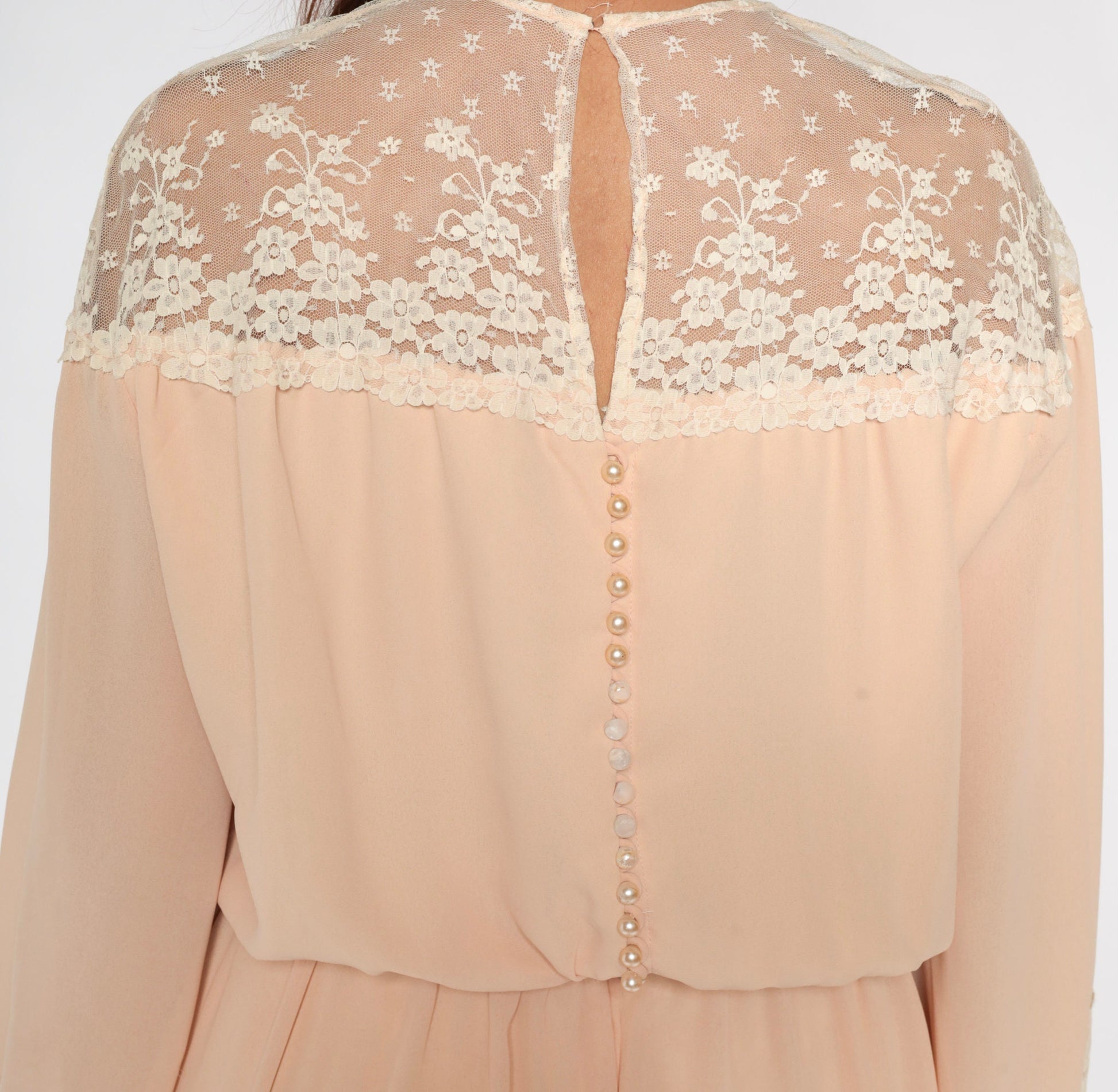 70s Peach Lace Midi Dress Illusion Neckline Long Sleeve High Waist Medium