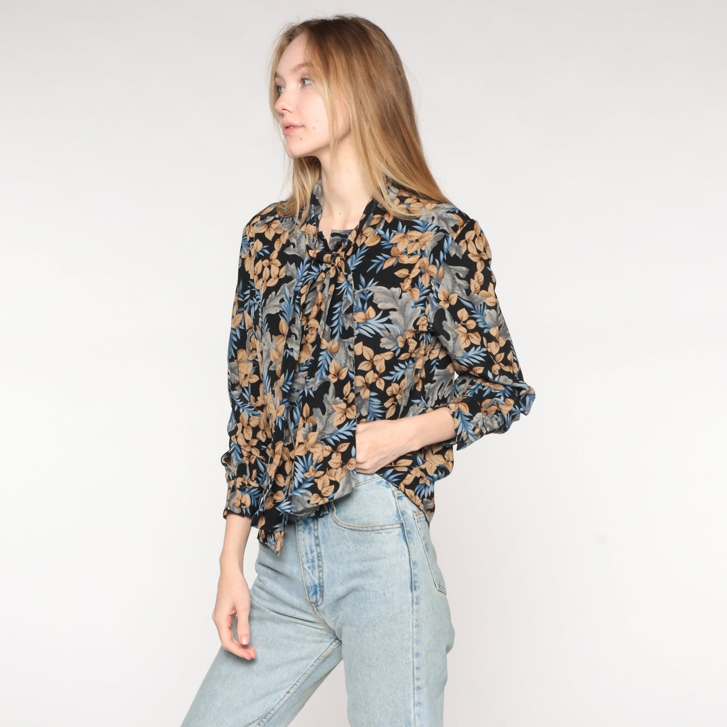90s Black Leaf Print Ascot Blouse Long Sleeve Button Up Medium