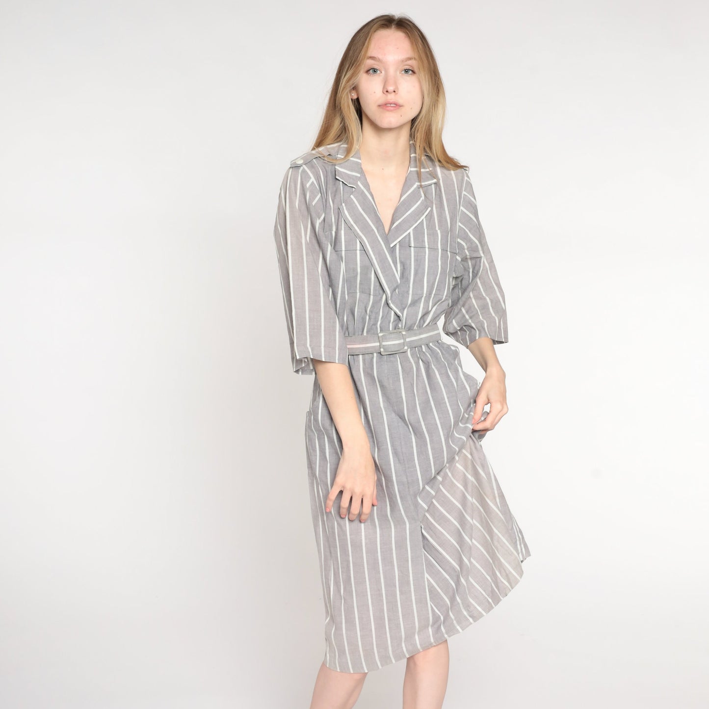 80s Grey & White Striped Midi Wrap Dress V-Neck 3/4 Sleeve Medium
