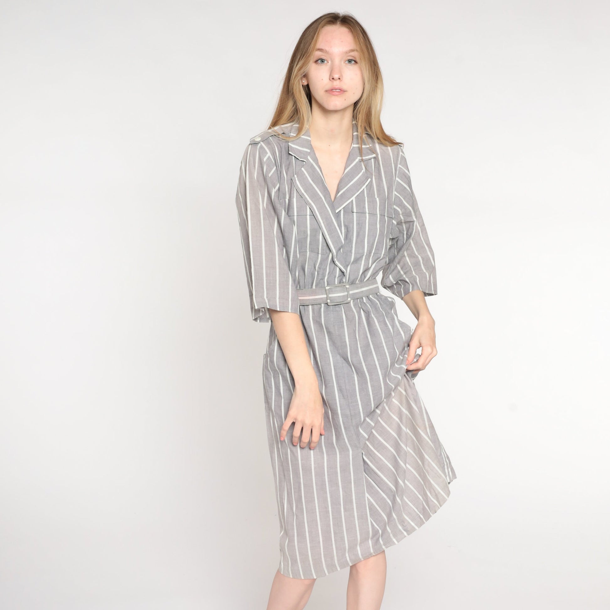 80s Grey & White Striped Midi Wrap Dress V-Neck 3/4 Sleeve Medium