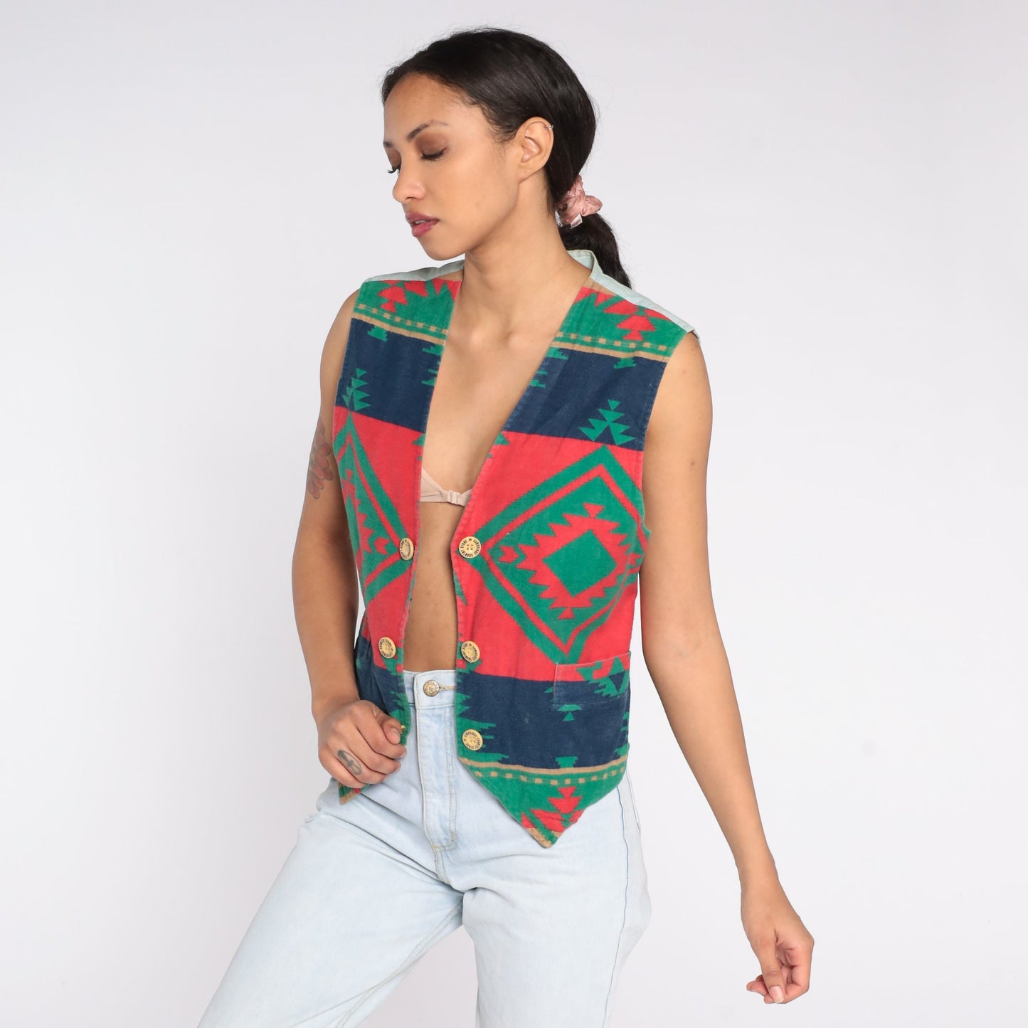 90s Southwestern Vest Cotton Button Up Sleeveless Red Blue Geometric Medium M