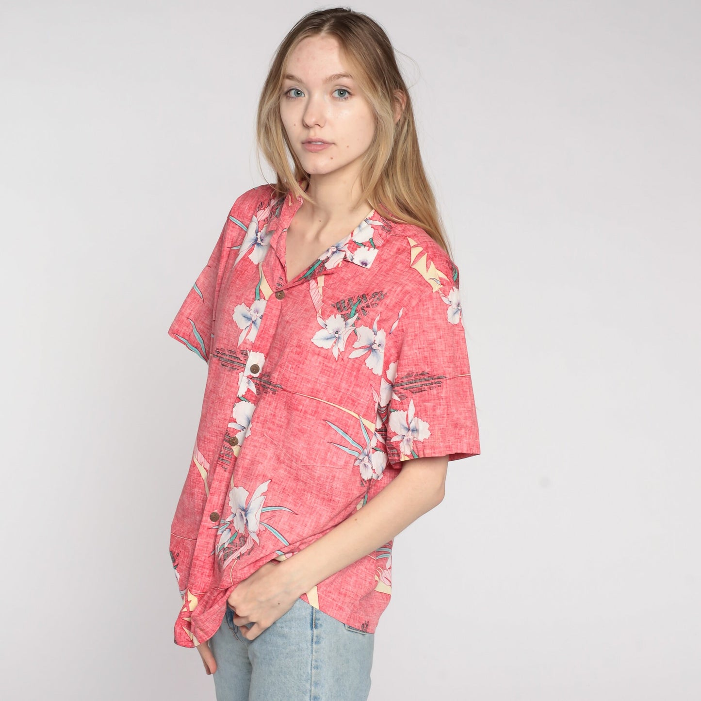 90s Tropical Floral Button-Up Shirt Faded Red Hawaiian Cotton Men's Large