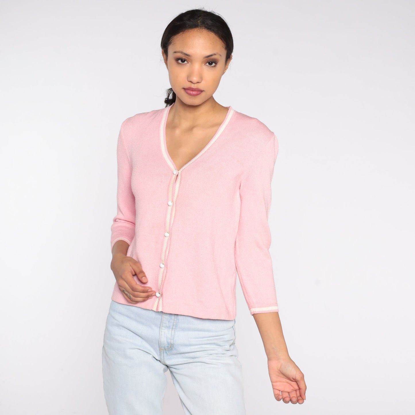 90s St John Sport Wool Cardigan Baby Pink Button Up Sweater Small