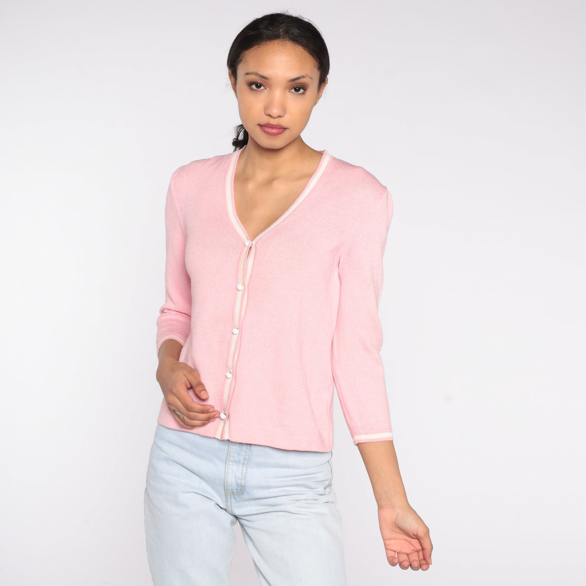 90s St John Sport Wool Cardigan Baby Pink Button Up Sweater Small