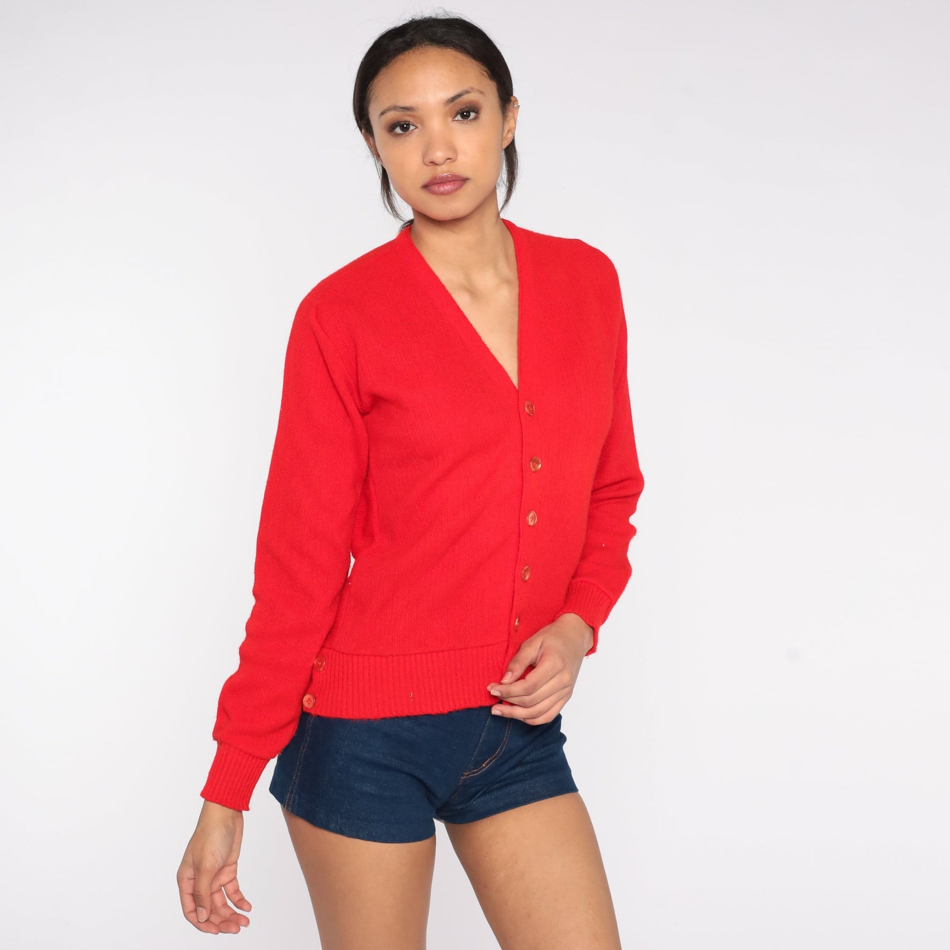 70s Red Knit Cardigan Button-Up Sweater Small