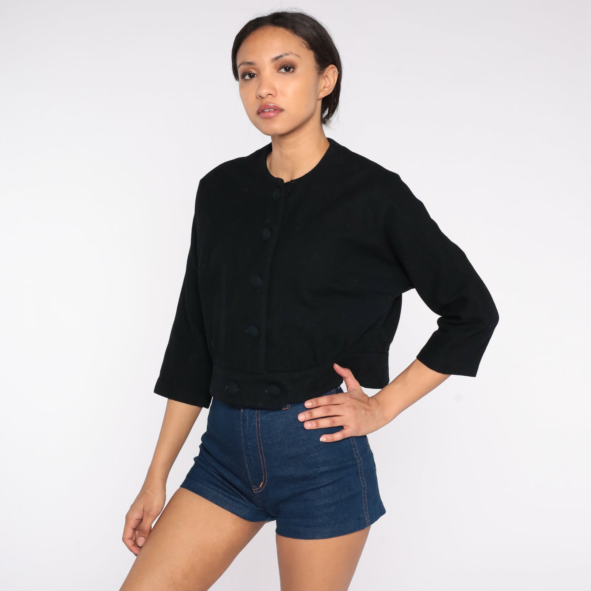 60s Black Cropped Jacket Button-Up Blazer Three-Quarter Sleeve Medium