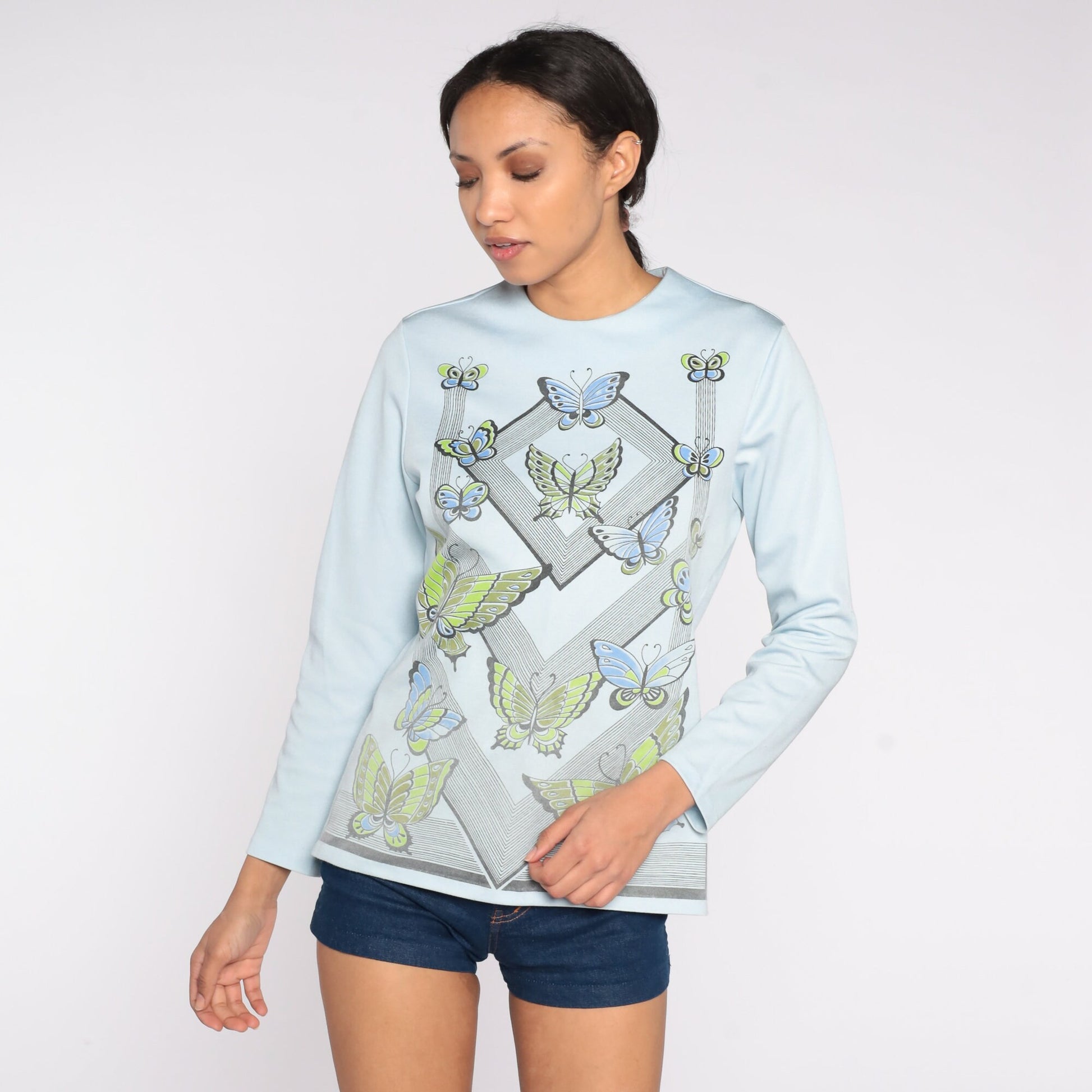 70s Butterfly Blouse Powder Blue Long Sleeve Graphic Shirt Medium