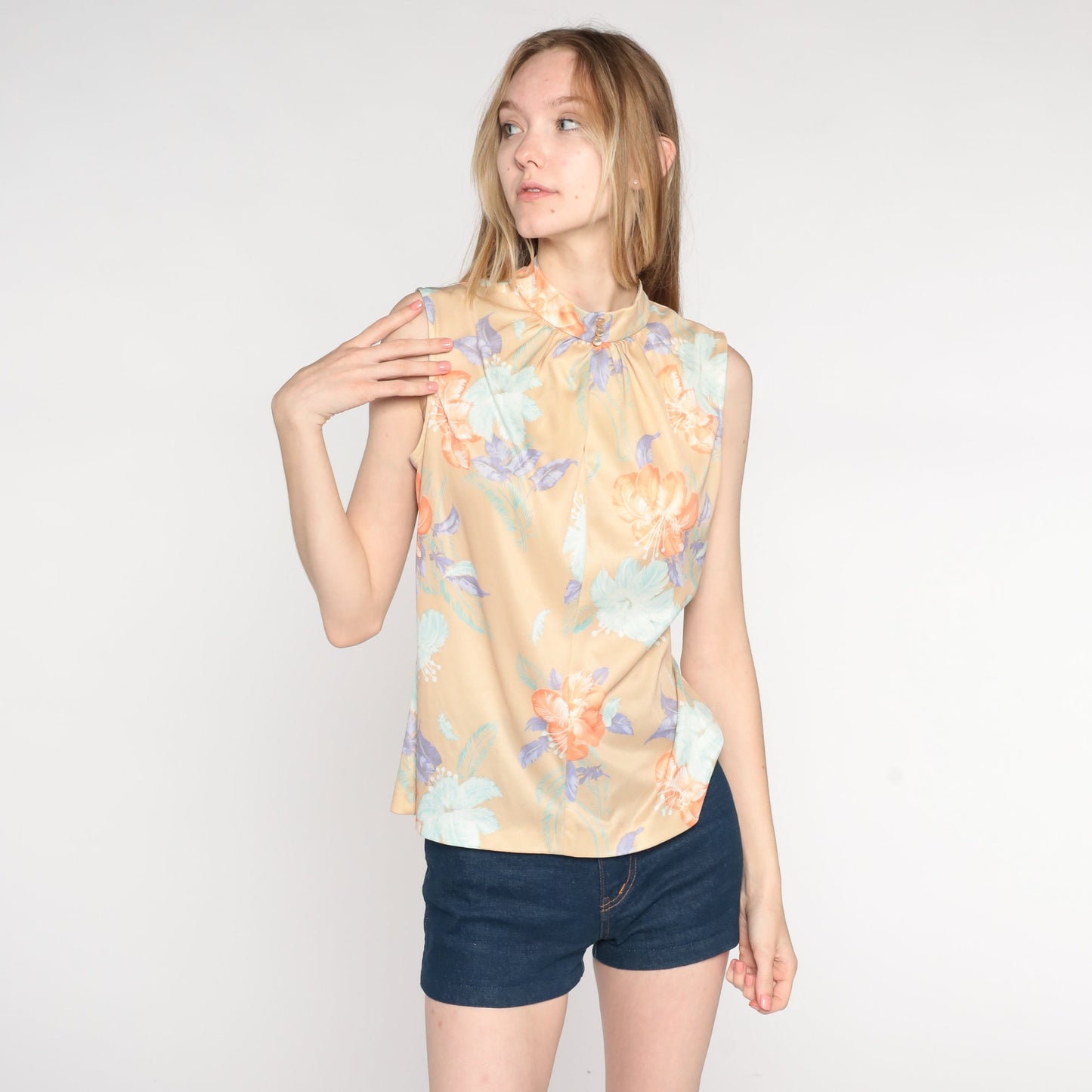 70s Floral Tank Top Beige Psychedelic Print Sleeveless Blouse Medium