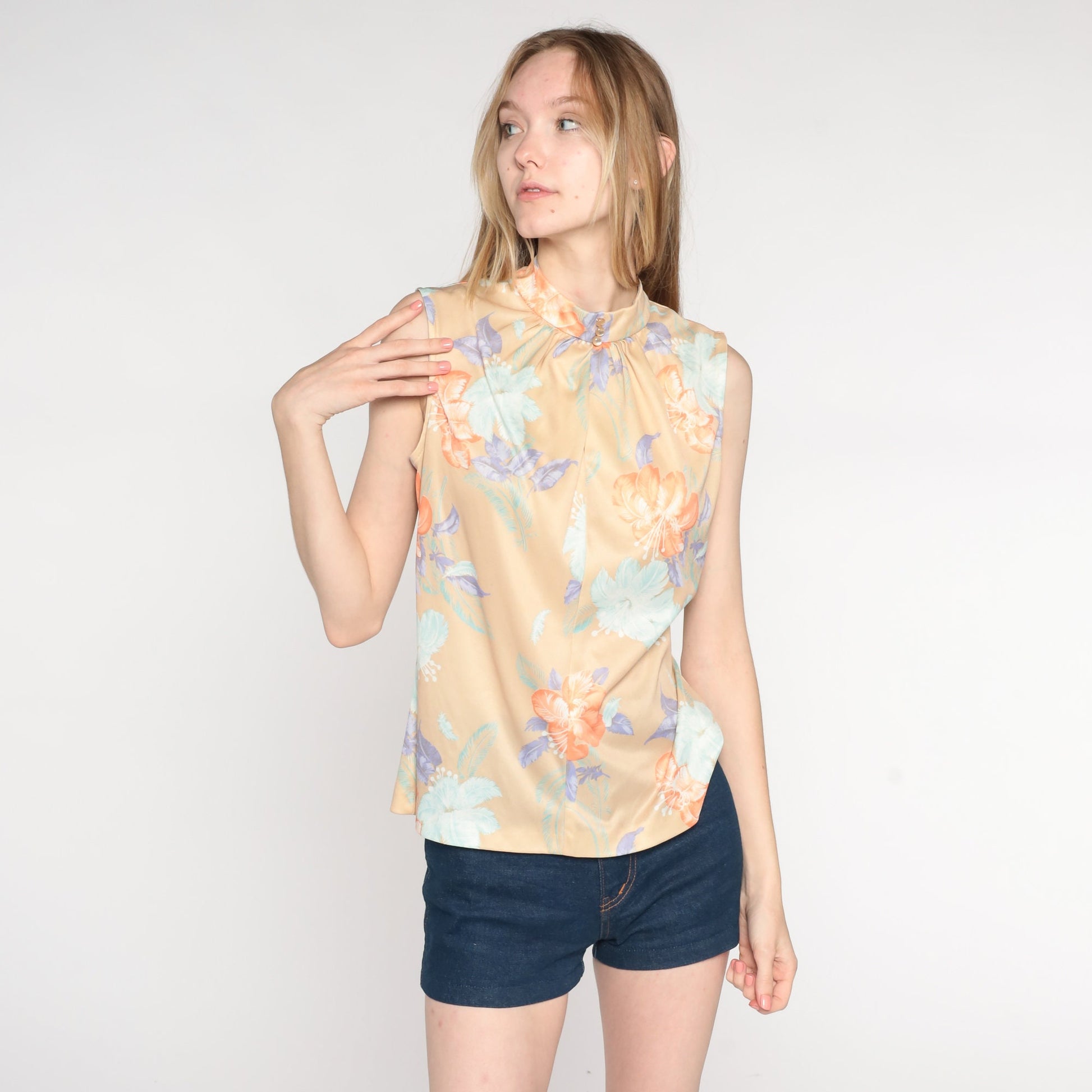 70s Floral Tank Top Beige Psychedelic Print Sleeveless Blouse Medium