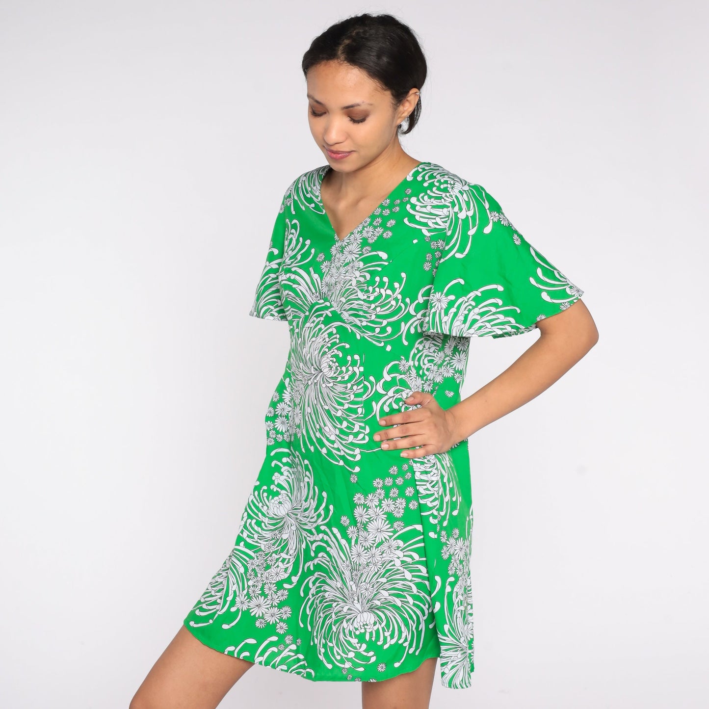 70s Green Floral Mini Dress Empire Waist Flutter Sleeve Shift Large L