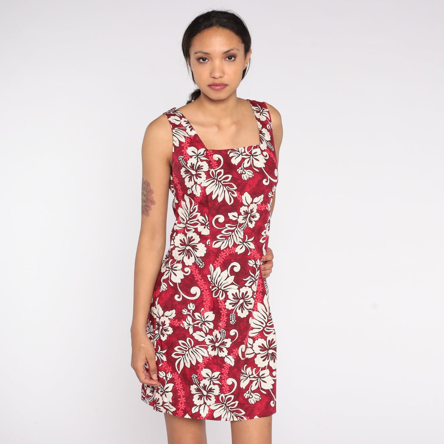 90s Hawaiian Floral Mini Dress Red Tropical Print Sleeveless Small S