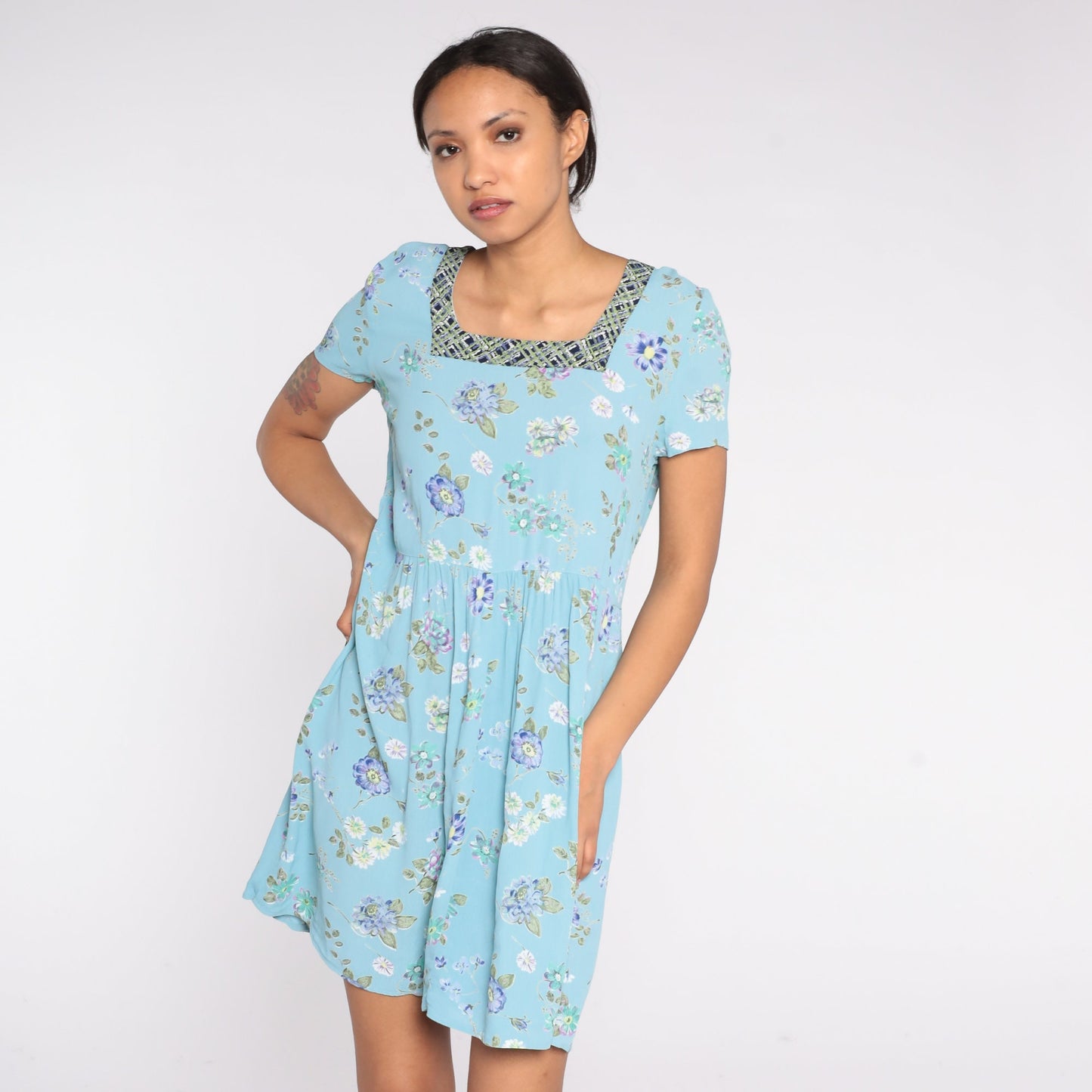 90s Baby Blue Floral Mini Dress Square Neck Short Sleeve Small