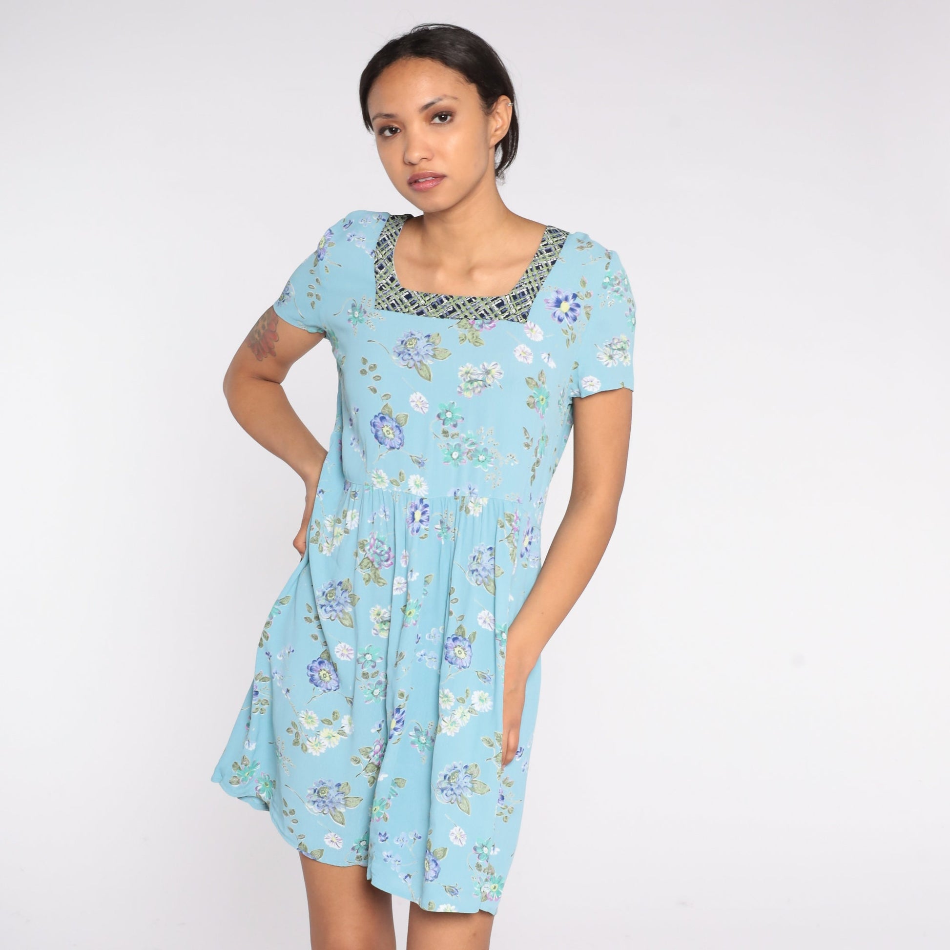 90s Baby Blue Floral Mini Dress Square Neck Short Sleeve Small
