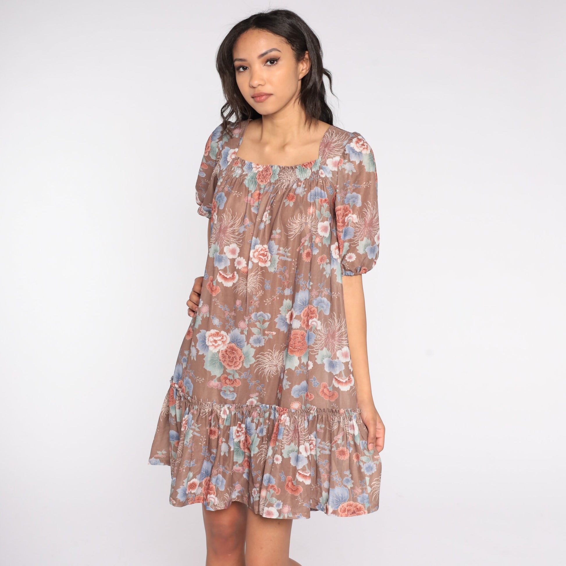 70s Floral Tent Dress Knee Length Ruffle Peasant Sleeve Small Medium