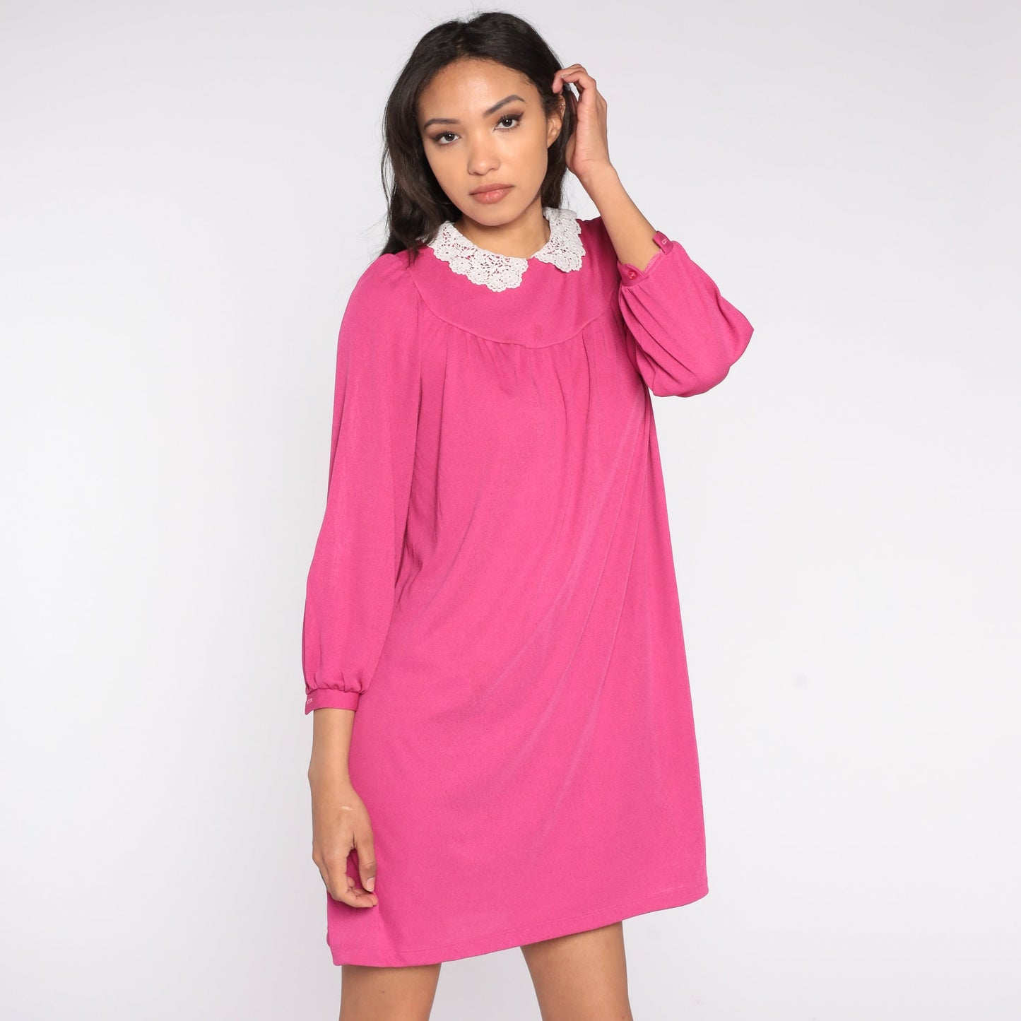 80s Pink Mini Dress Long Sleeve Lace Collar Tent Cut Medium M