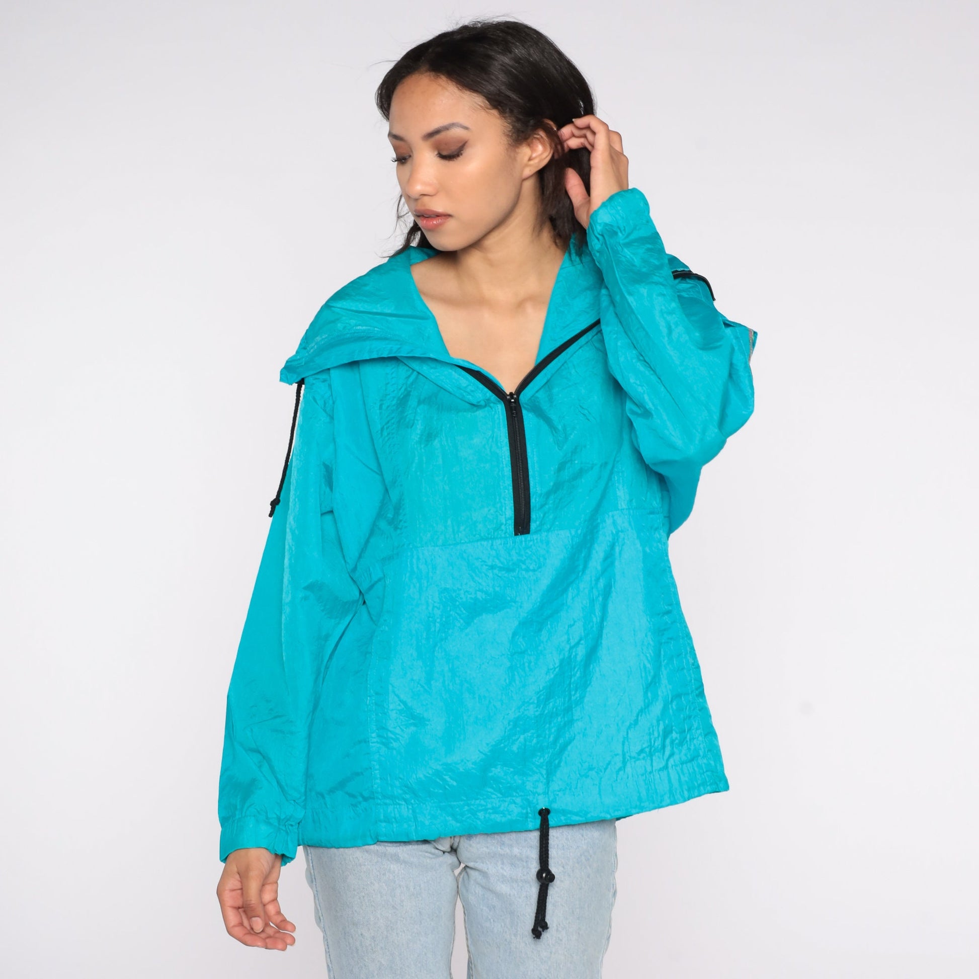 90s Turquoise Shiny Windbreaker Jacket Quarter Zip Hood Red Pepper Medium M