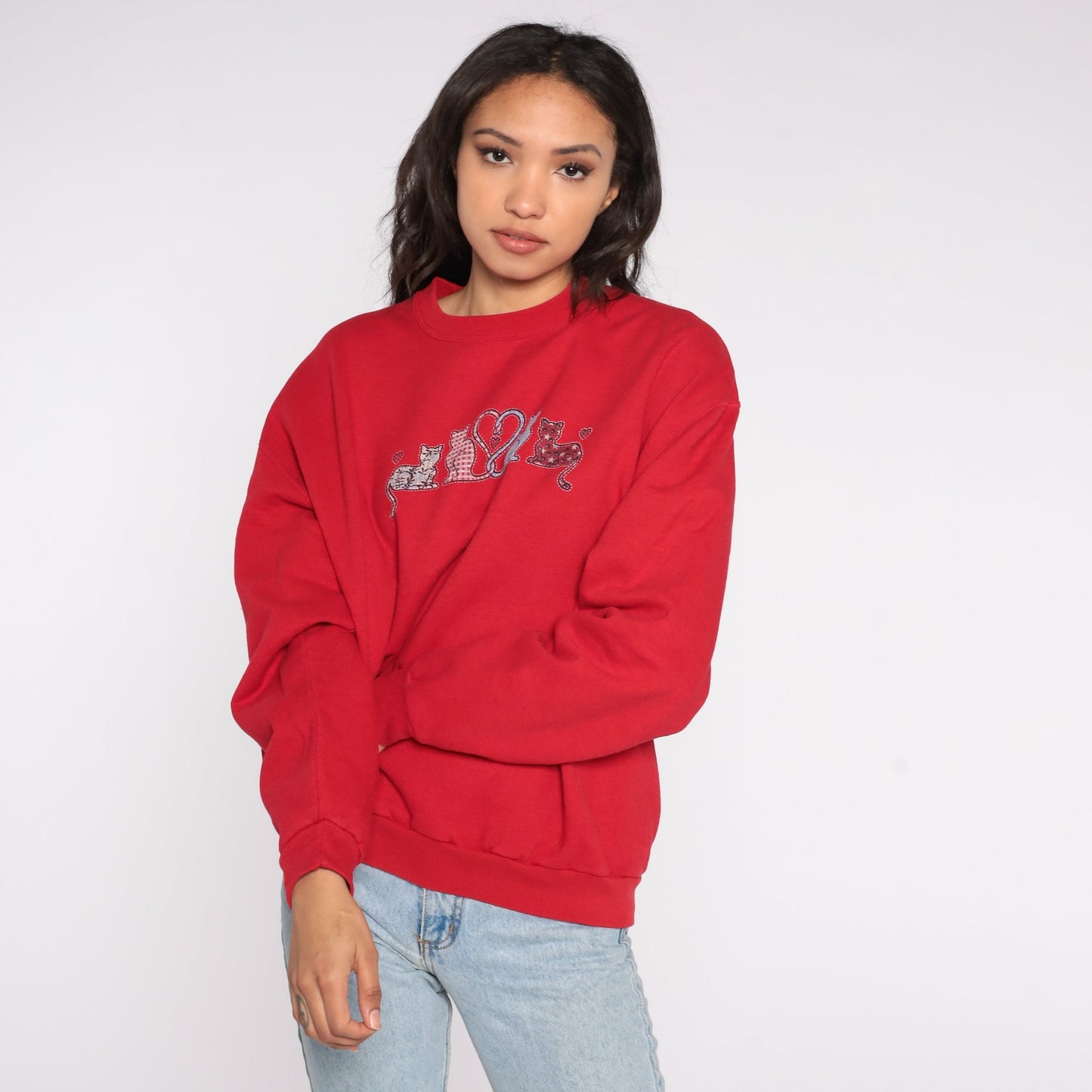 Y2K Cat Graphic Sweatshirt Red Crewneck Pullover Large L