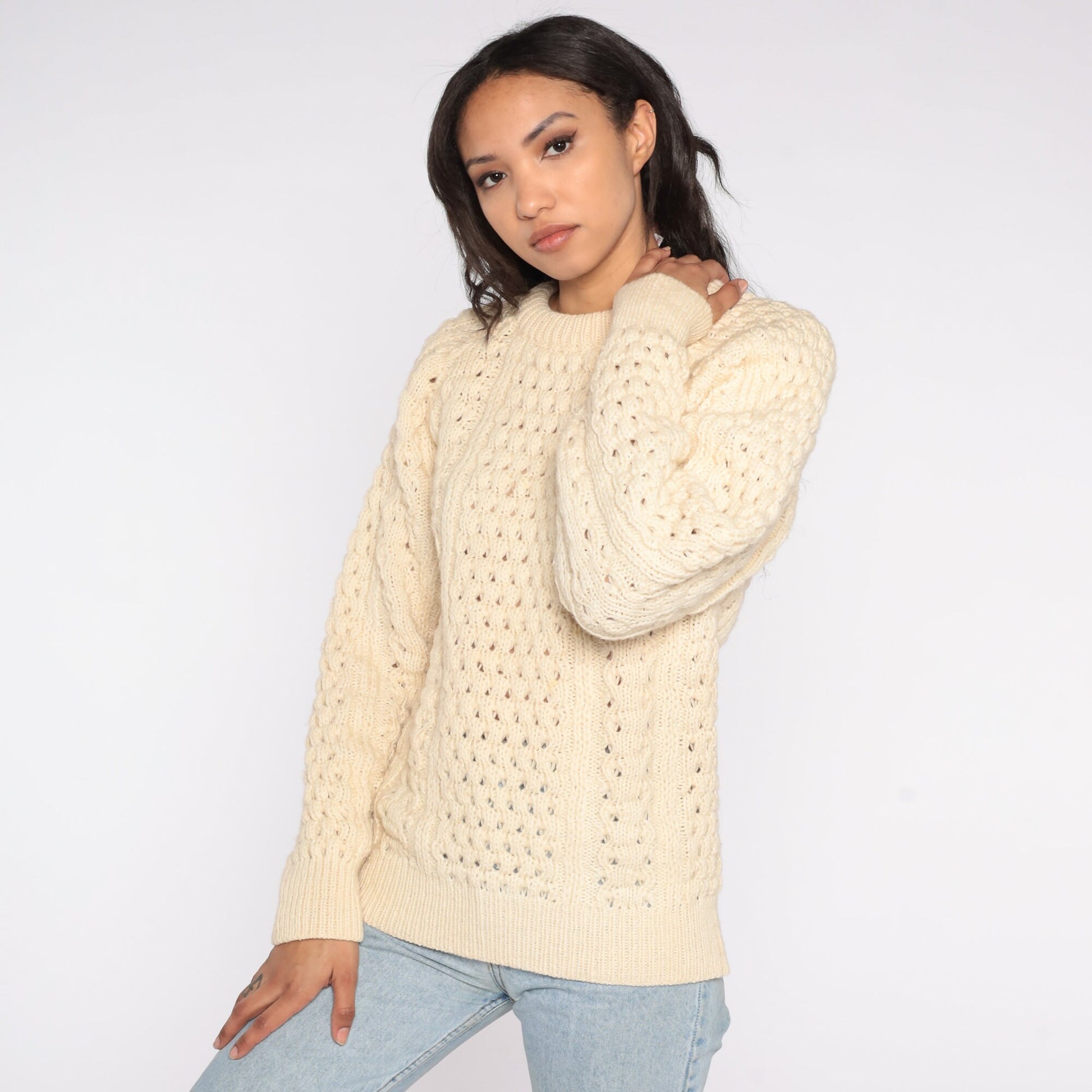 80s Cream Wool Cable Knit Raglan Sweater Fisherman Pullover Medium
