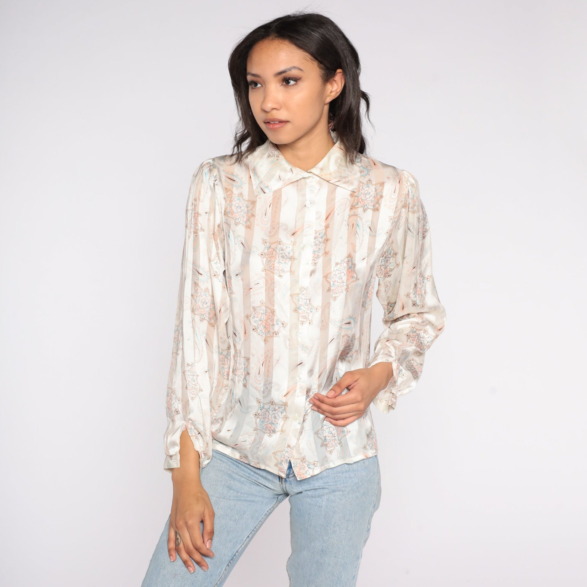 80s Striped Paisley Button Up Shirt Cream Tan Long Sleeve Collared Blouse Small