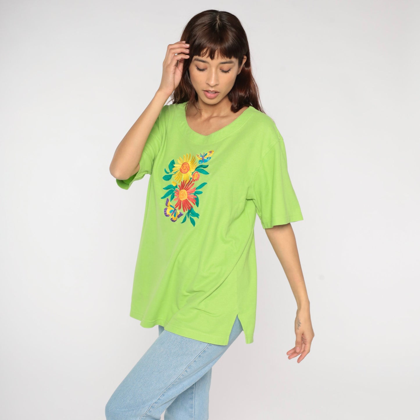 90s Lime Green Embroidered Butterfly Floral Woven Shirt Large