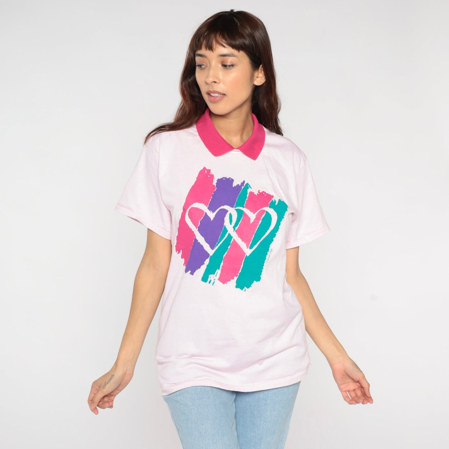 90s Heart Print Collared T-Shirt Baby Pink Graphic Tee Medium